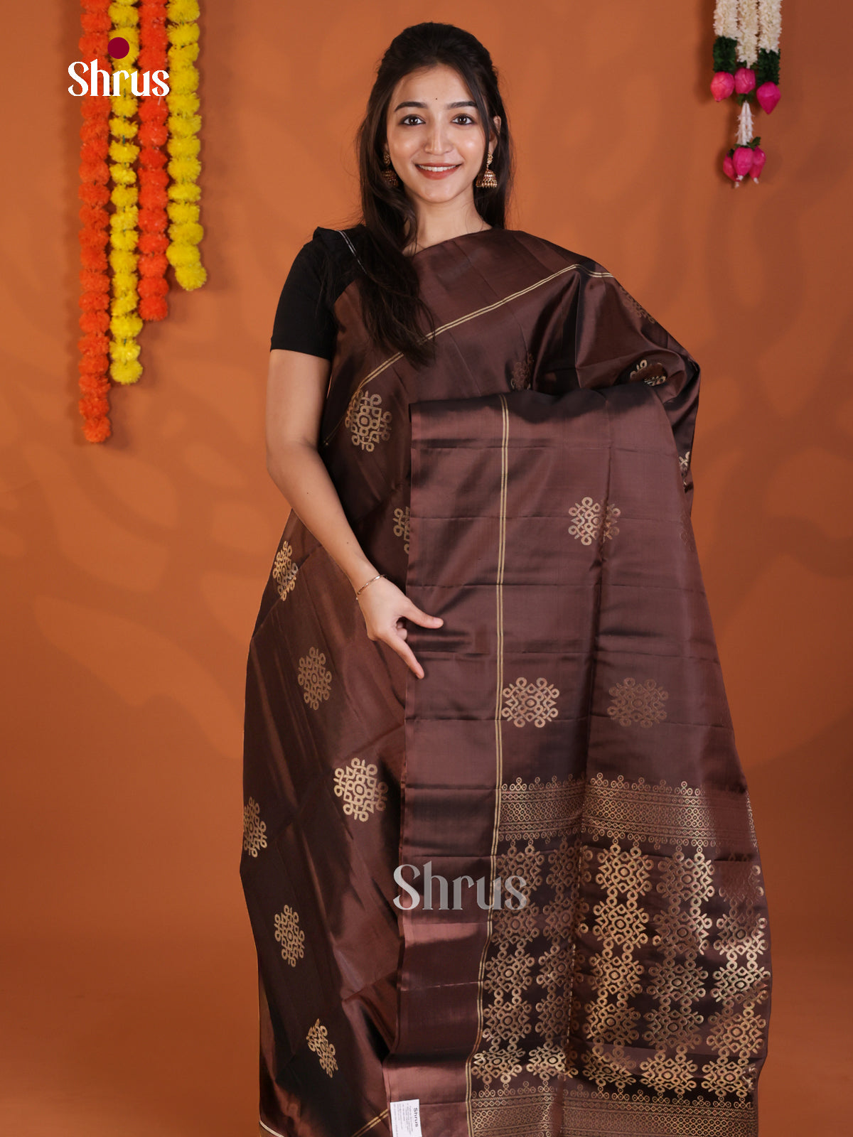 Lustrous Brown Soft Silk Saree with zari kolam buttas - Shop on Shrus.com