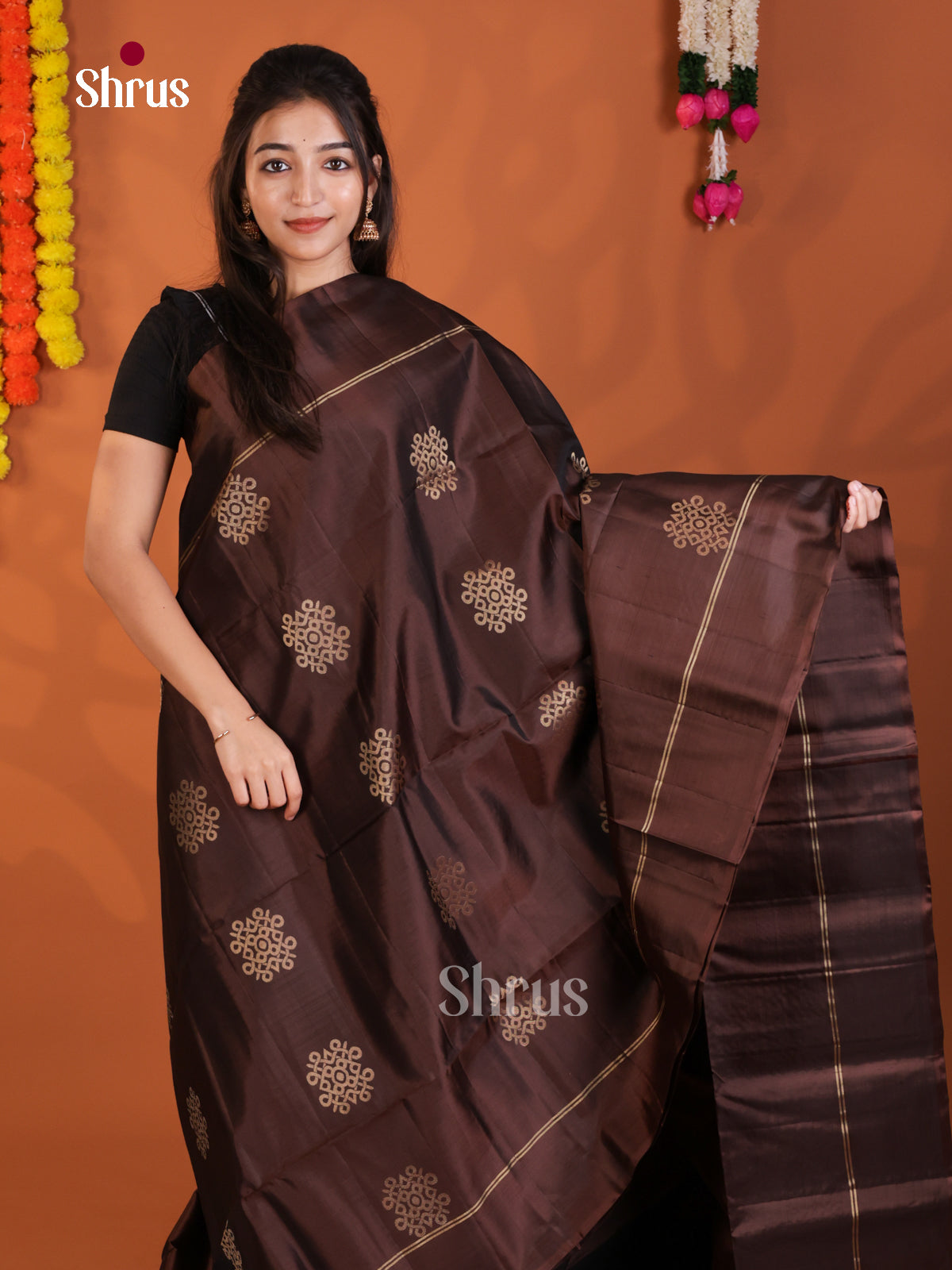 Lustrous Brown Soft Silk Saree with zari kolam buttas - Shop on Shrus.com
