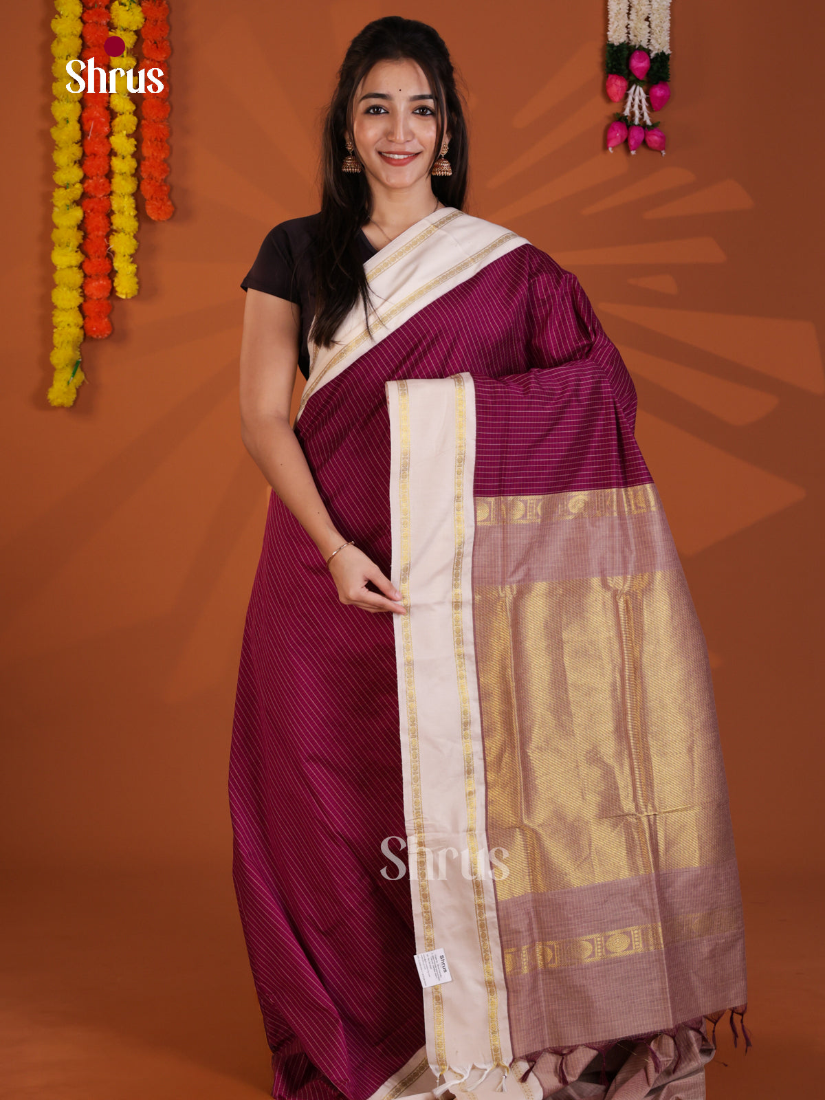 Wine & Cream - Kalyani Cotton Saree - Shop on Shrus.com