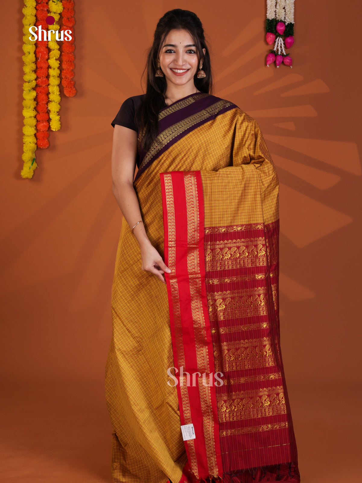 Mustard & Maroon - Kalyani Cotton Saree - Shop on Shrus.com