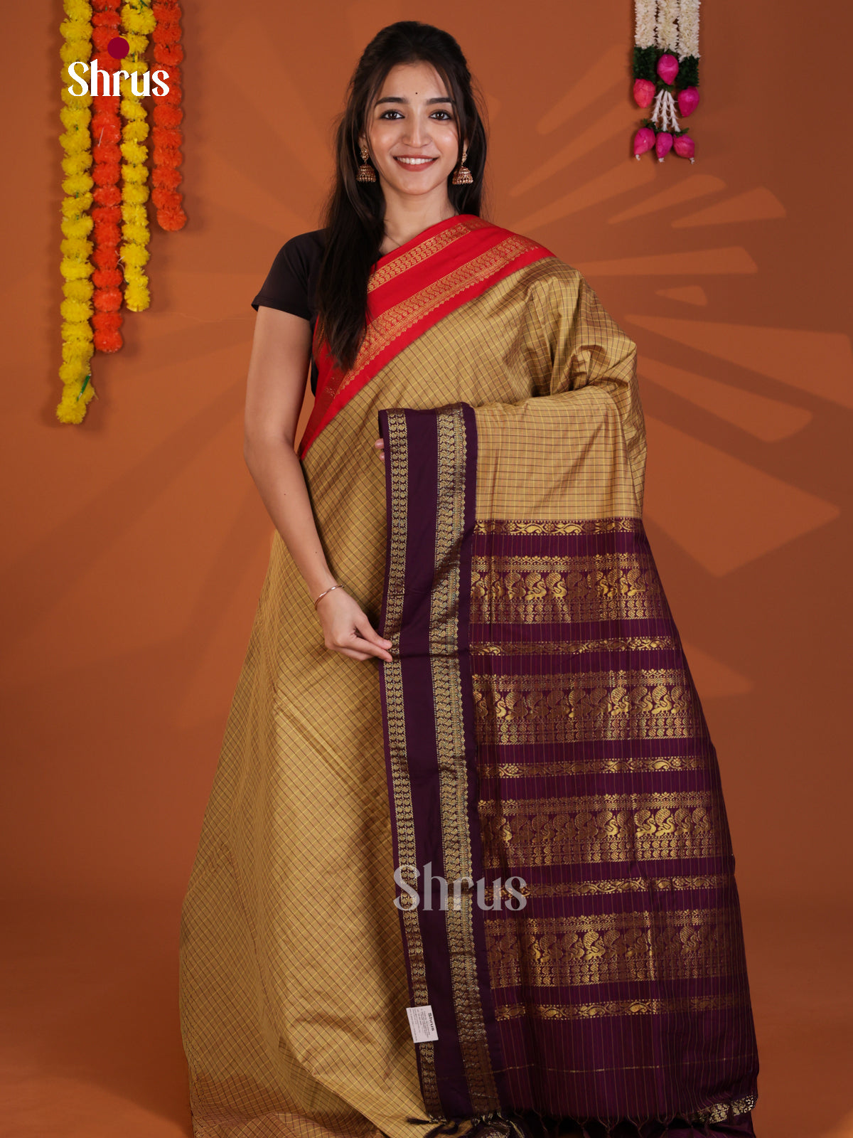 Beige & Violet - Kalyani Cotton Saree - Shop on Shrus.com