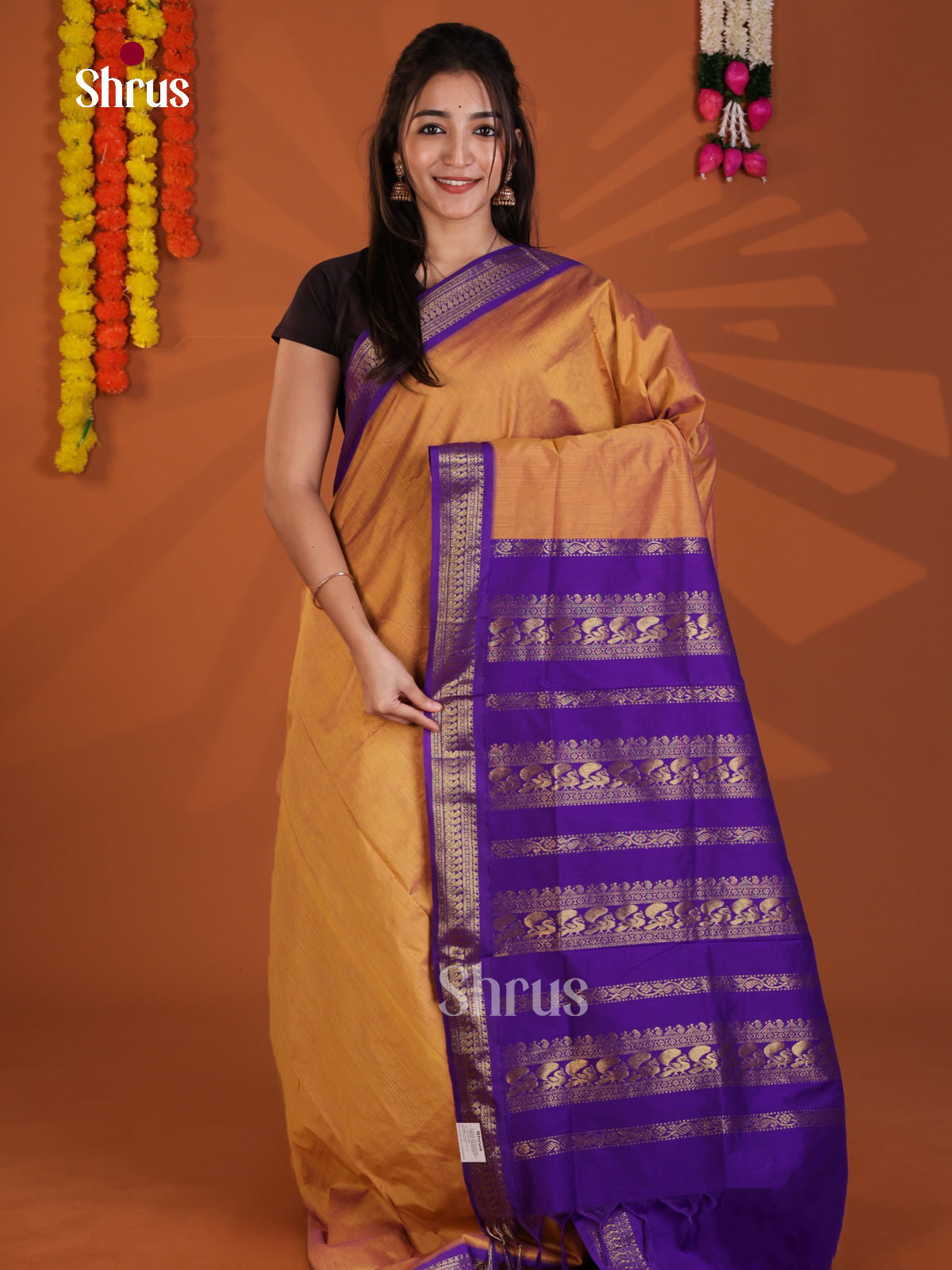Dark Mustard & Violet - Kalyani Cotton Saree