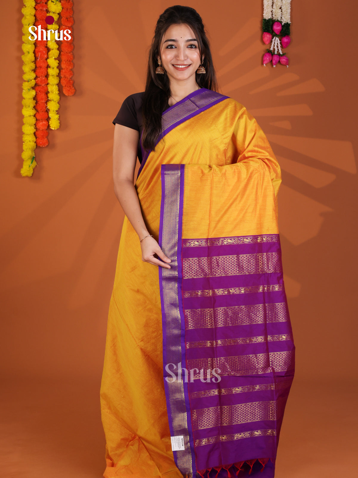 Yellow & Purple - Kalyani Cotton Saree - Shop on Shrus.com