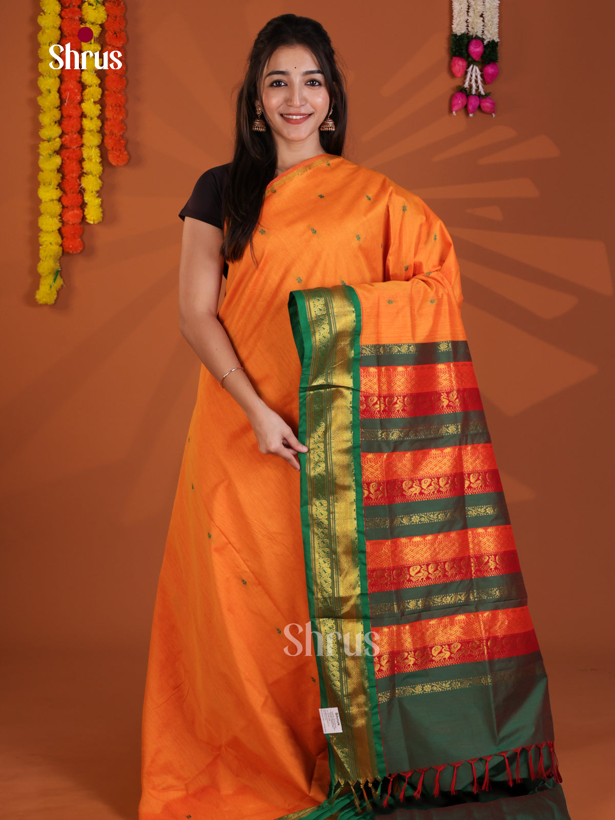 Orange & Green - Kalyani Cotton Saree