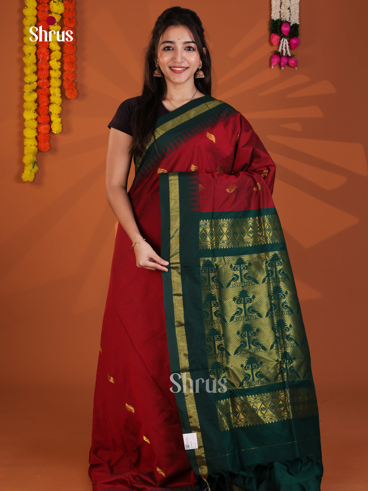 Maroon & Green - Kalyani Cotton Saree - Shop on Shrus.com