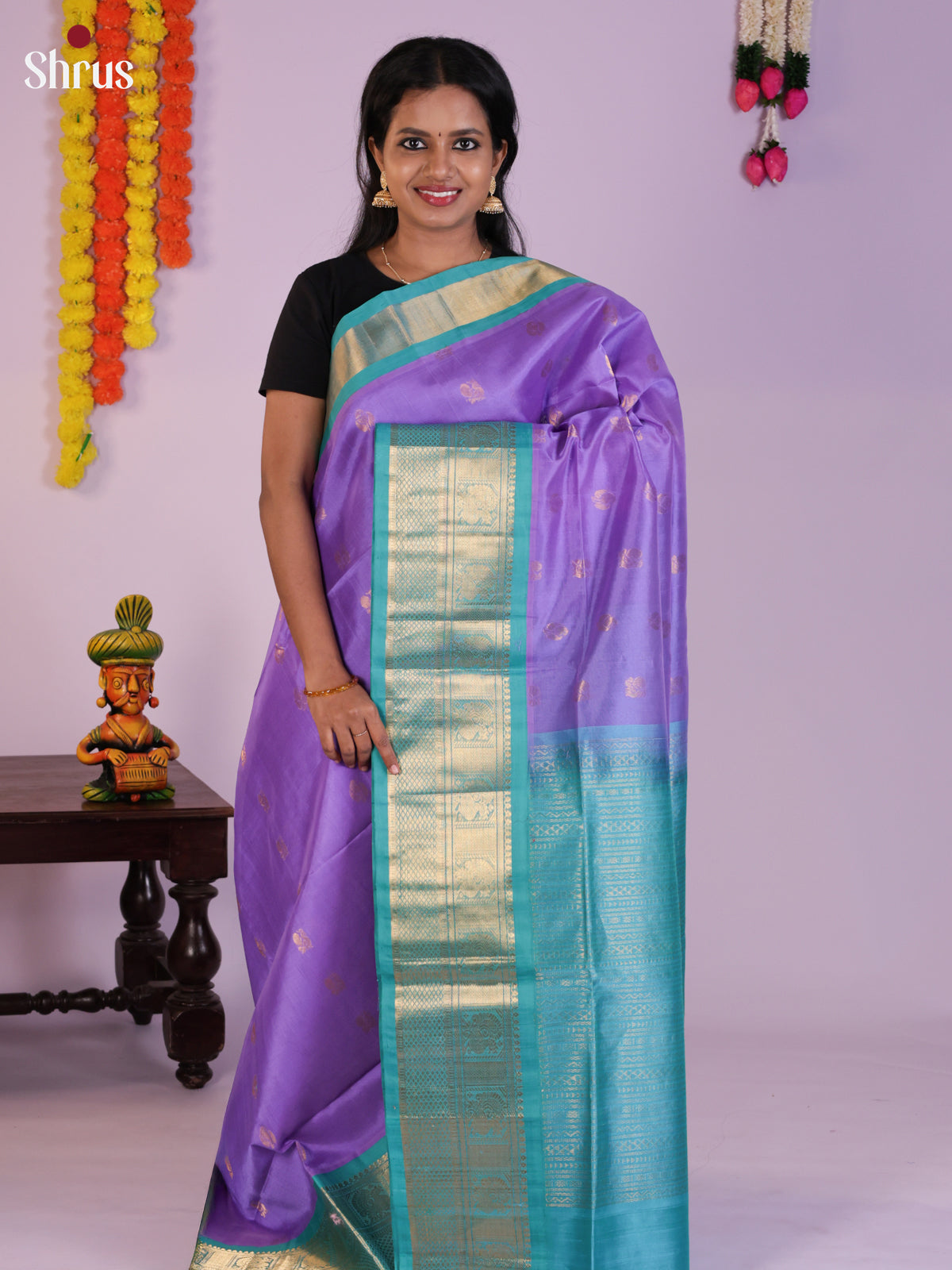 Charming Lavender & Teal blue Silk Cotton Saree with zari peacock buttas - DLS29004