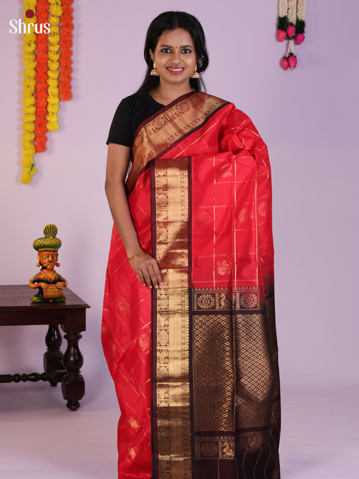 Radiant Orangish Pink & Brown Silk Cotton Saree with zari checks & splendid border- DLS29007