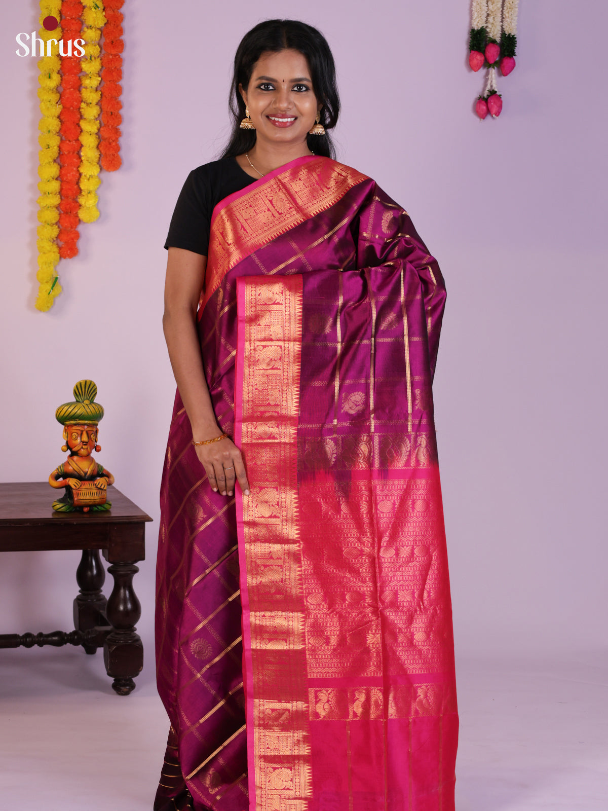 Stunning Purple & Pink Silk Cotton Saree with Zari checks , peacock motifs -DLS29009 - Shop on Shrus.com