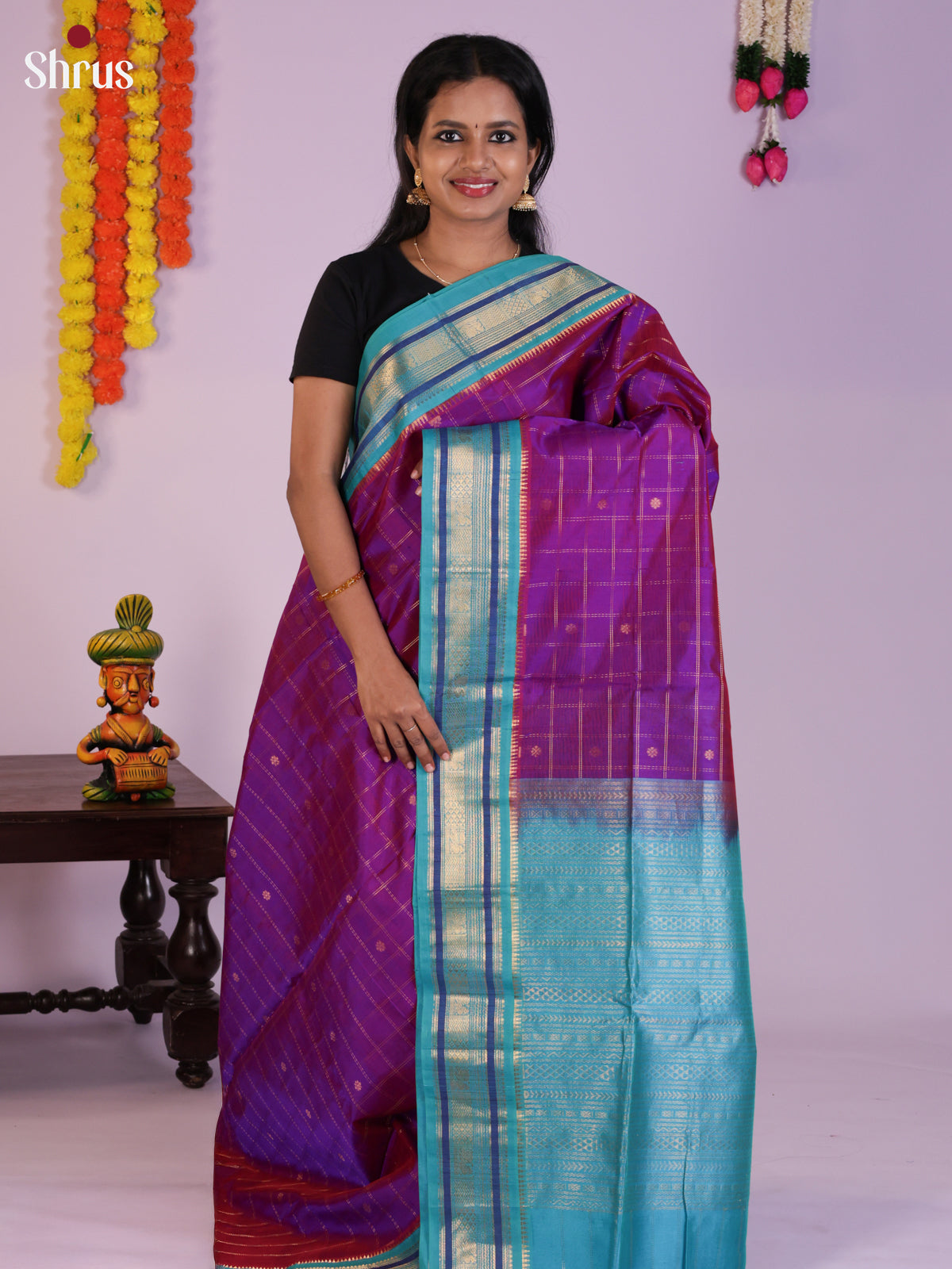 Beautiful Purple & Blue Silk Cotton Saree with zari checks , buttas & Zari border -DLS29011
