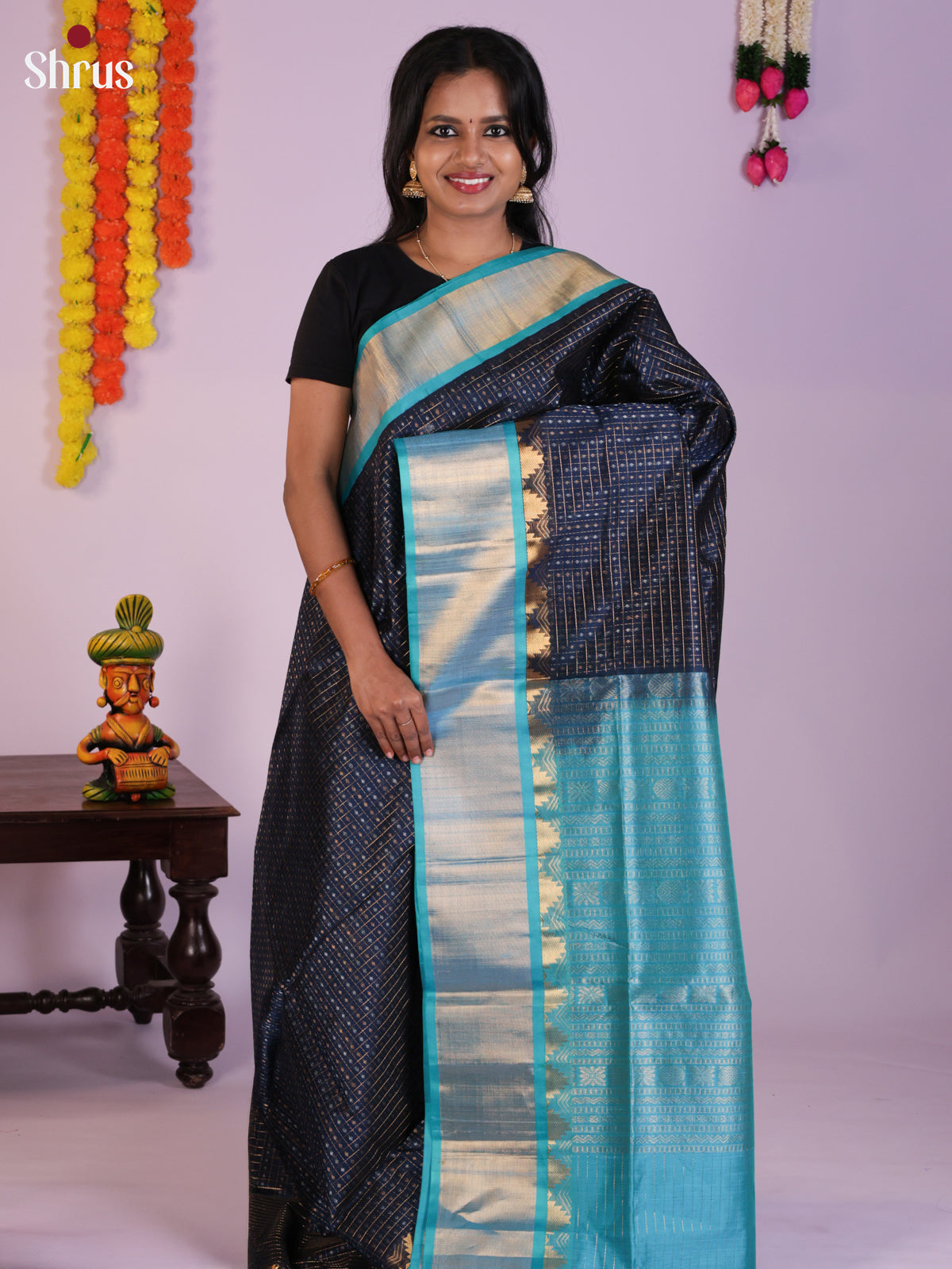 Pretty Navy Blue & Blue Silk Cotton Saree with zari checks , buttas -DLS29022