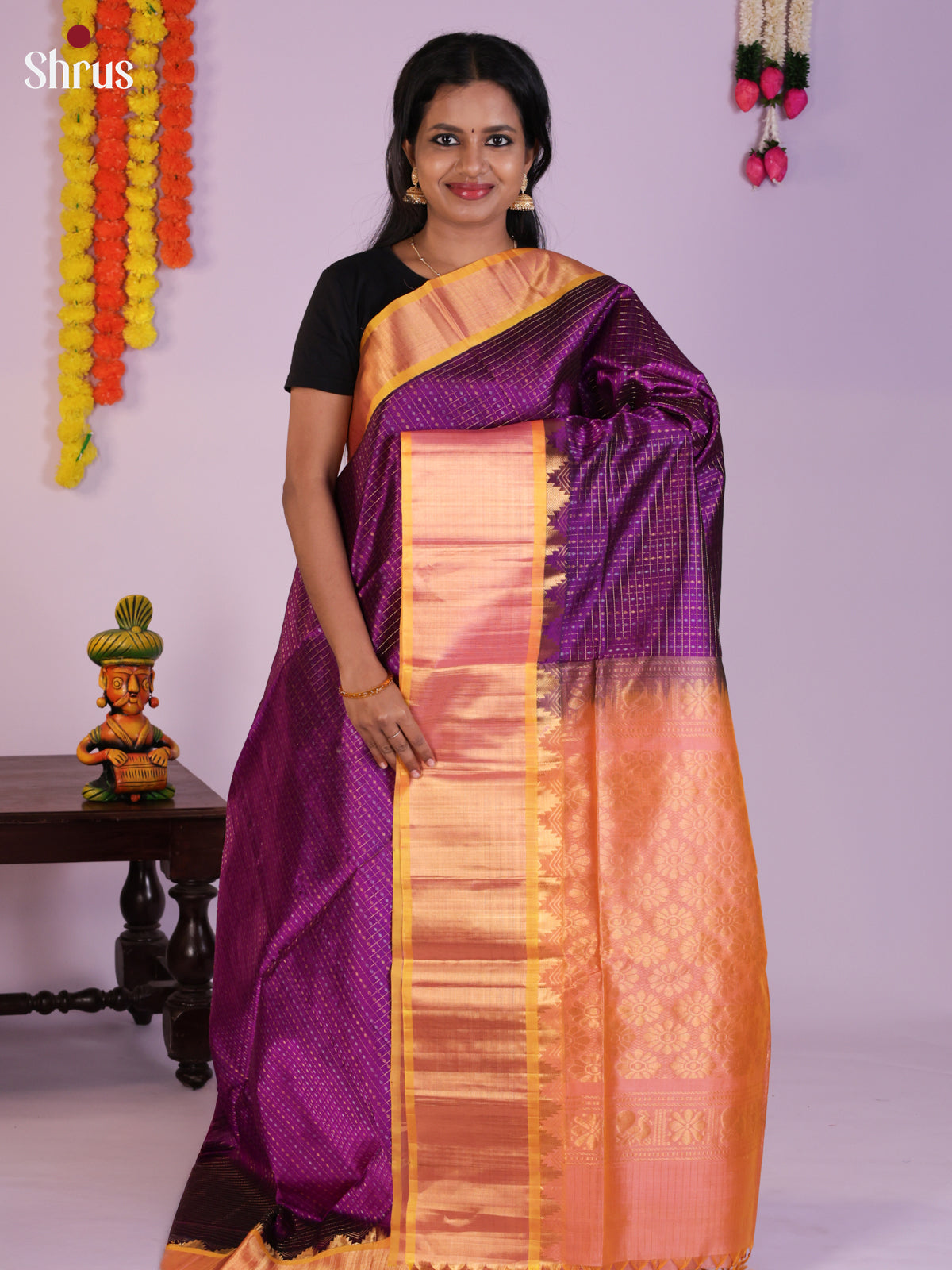 Elegant Violet & Peach Silk Cotton Saree with zari checks , buttas -DLS29023