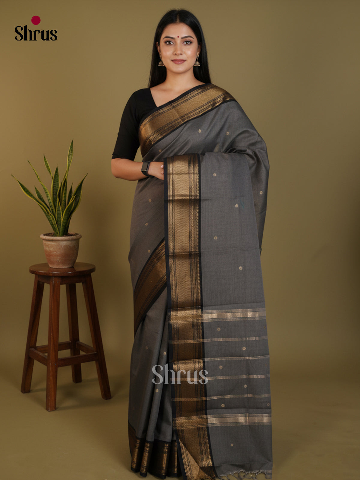 Grey & Black - Chettinad Cotton Saree-DLS29040 - Shop on Shrus.com