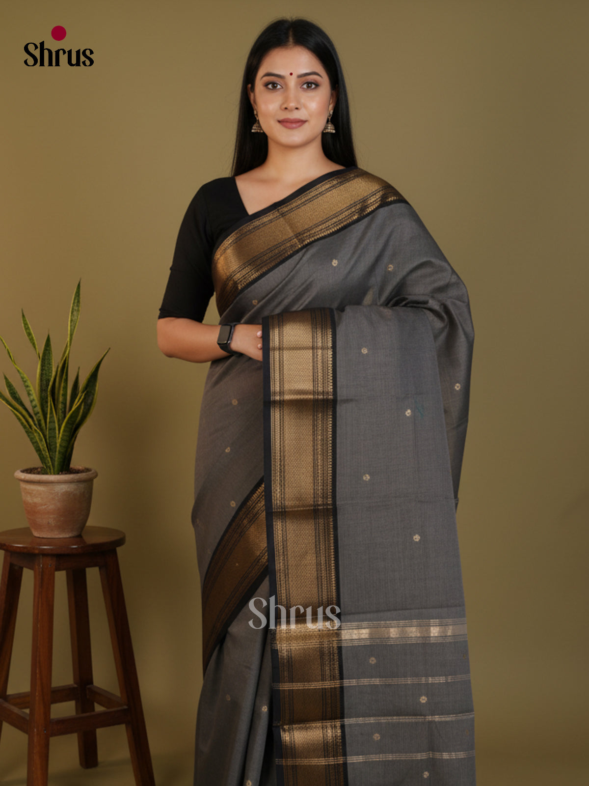 Grey & Black - Chettinad Cotton Saree-DLS29040 - Shop on Shrus.com