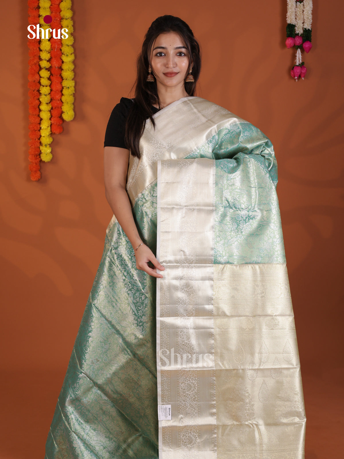 Teal Blue & Grey - Kanchipuram-halfpure Saree- DLS29069 - Shop on Shrus.com