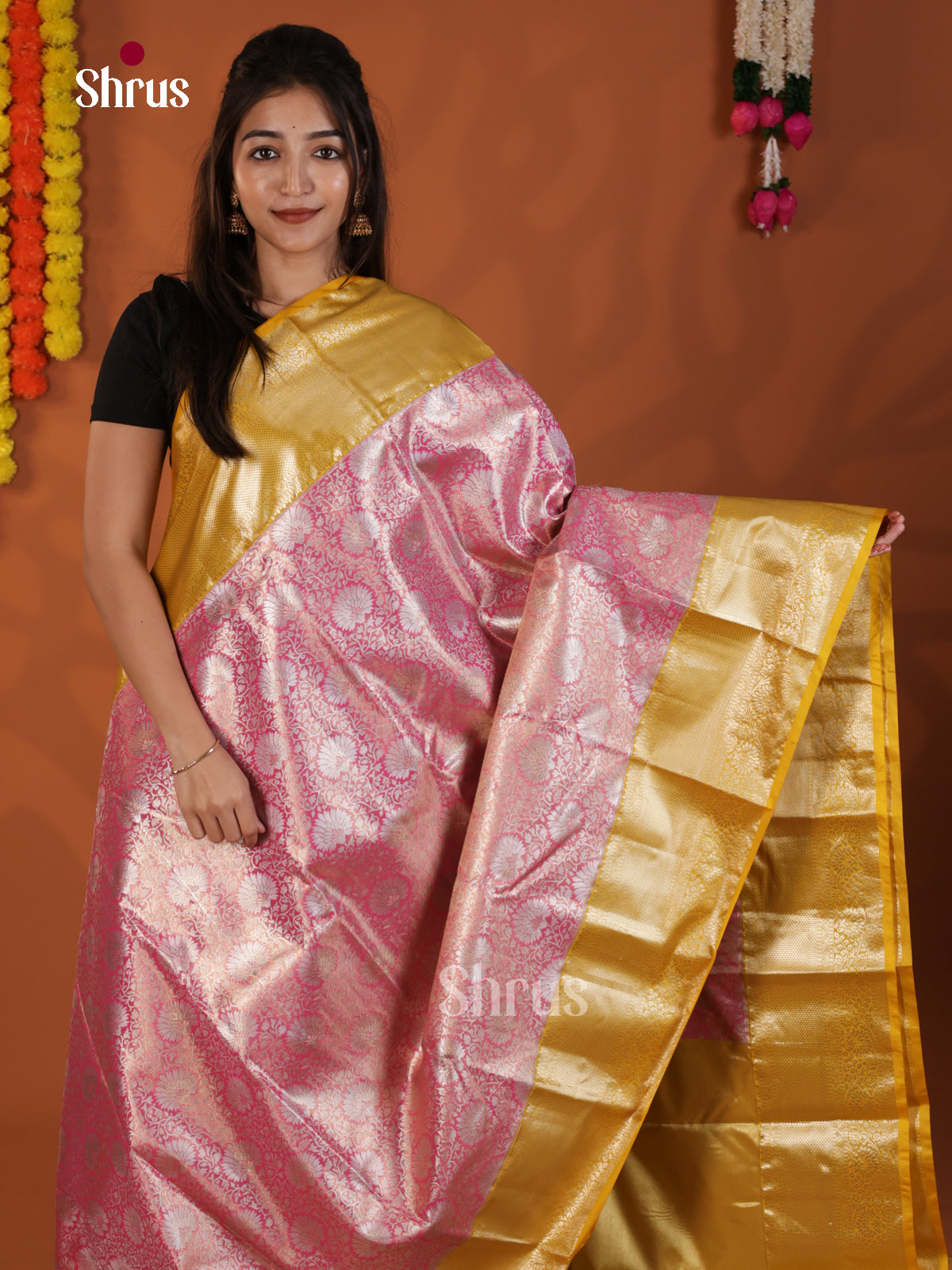 Pink & Yellow - Kanchipuram-halfpure Saree- DLS29090 - Shop on Shrus.com