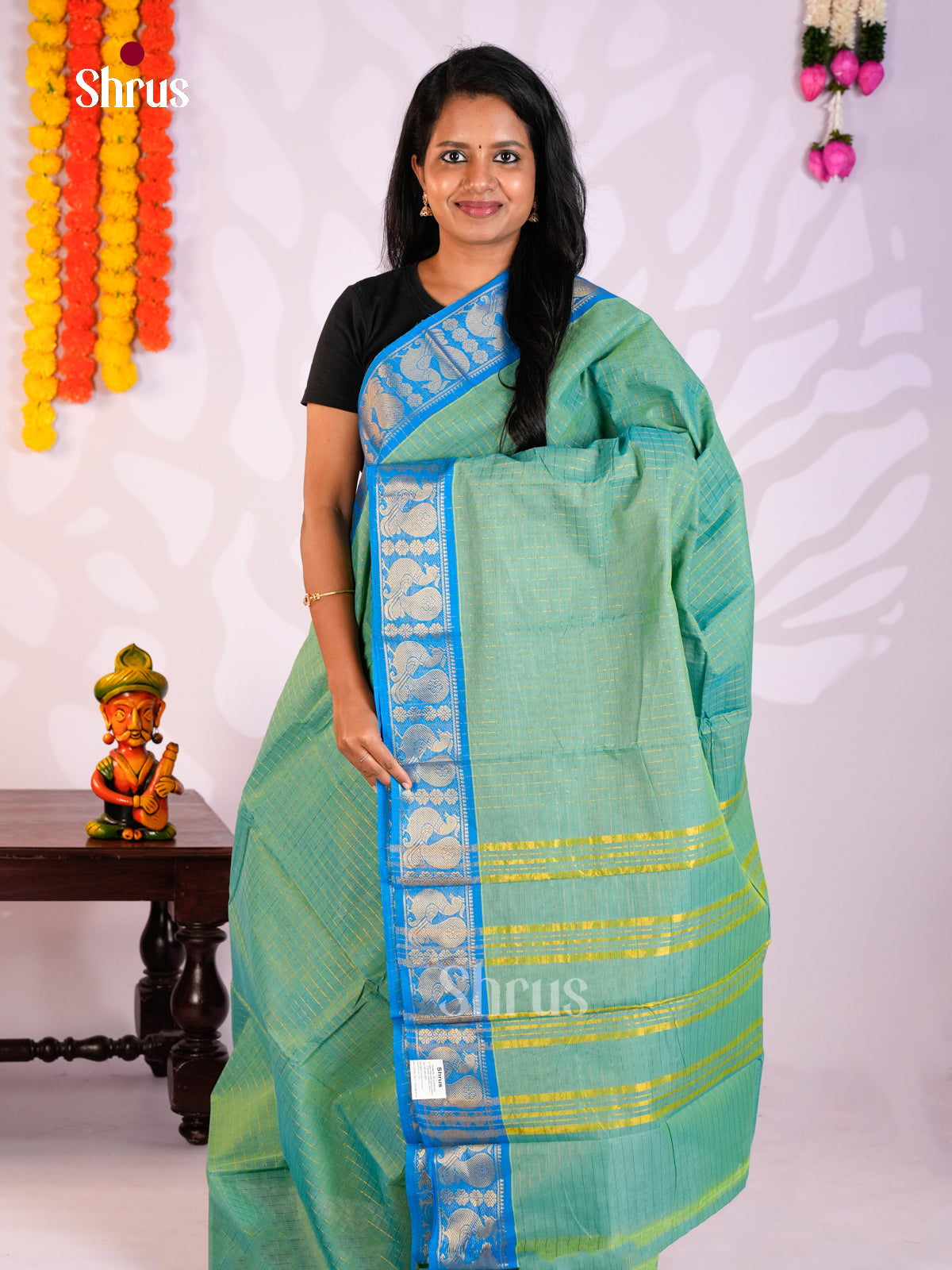 pista Green & Blue- Chettinad Cotton Saree - DLS29300 - Shop on Shrus.com