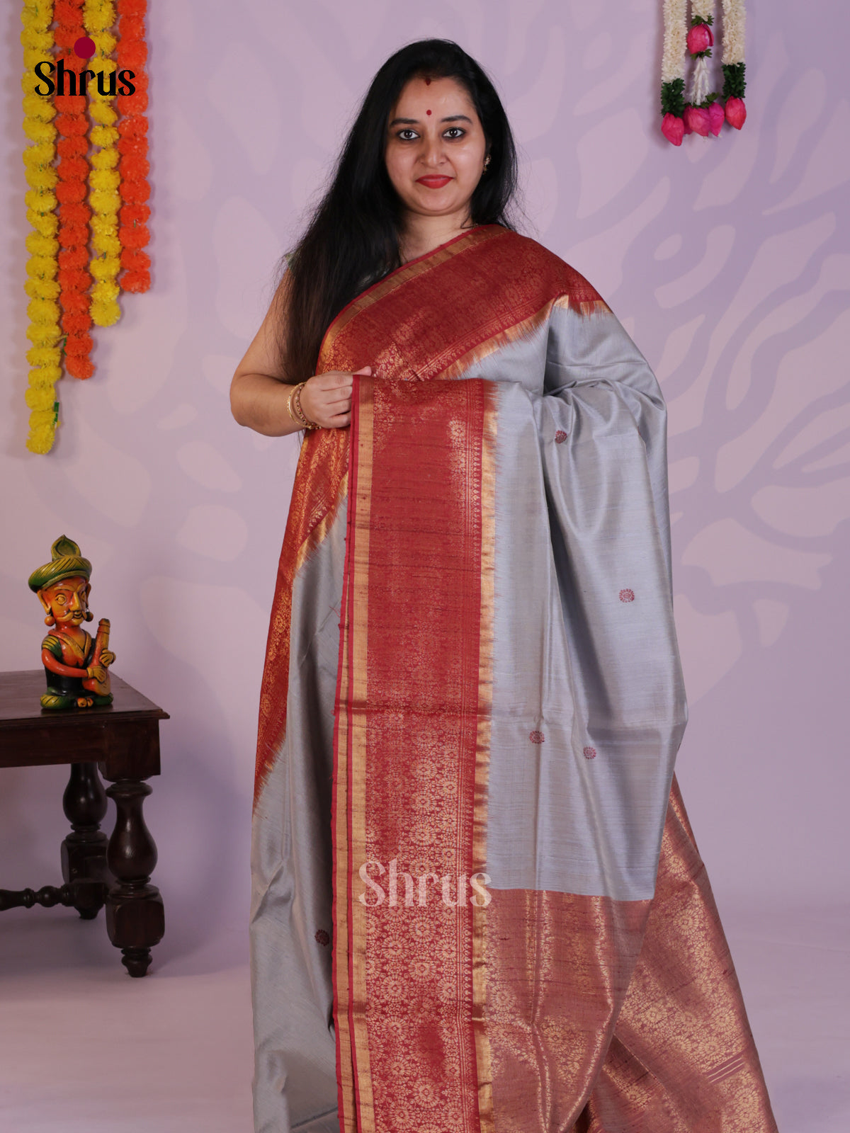 Chic Grey & Red Raw Silk Saree with zari border & brocade pallu- DLS30023