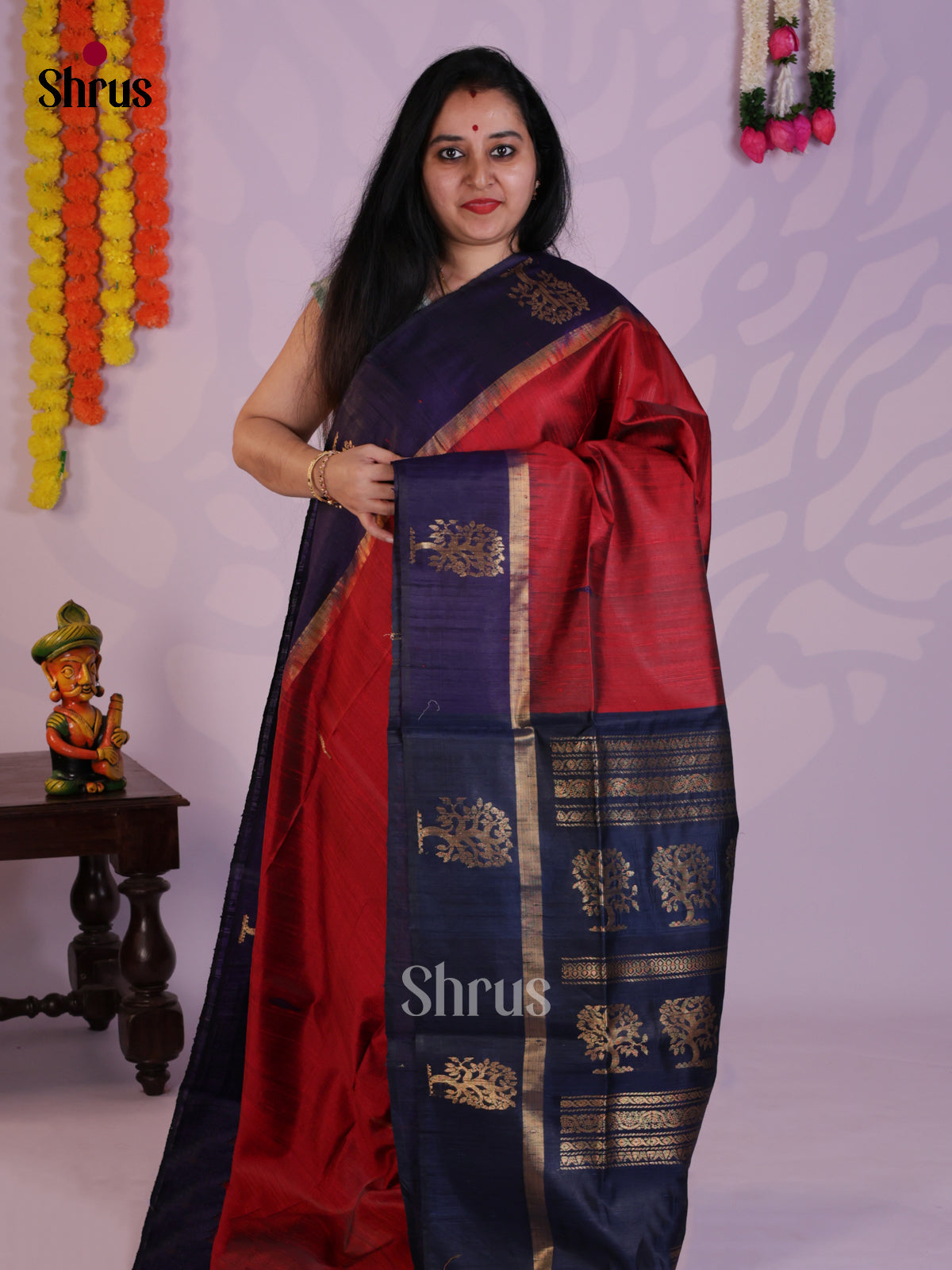 Red & Blue Raw Silk Saree with contrast zari brocade pallu -DLS30027 - Shop on Shrus.com