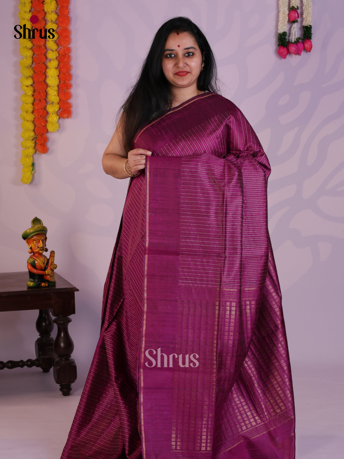 Radiant Wine Single tone Raw Silk Saree with zari stripes & brocade pallu - DLS30052 - Shop on Shrus.com