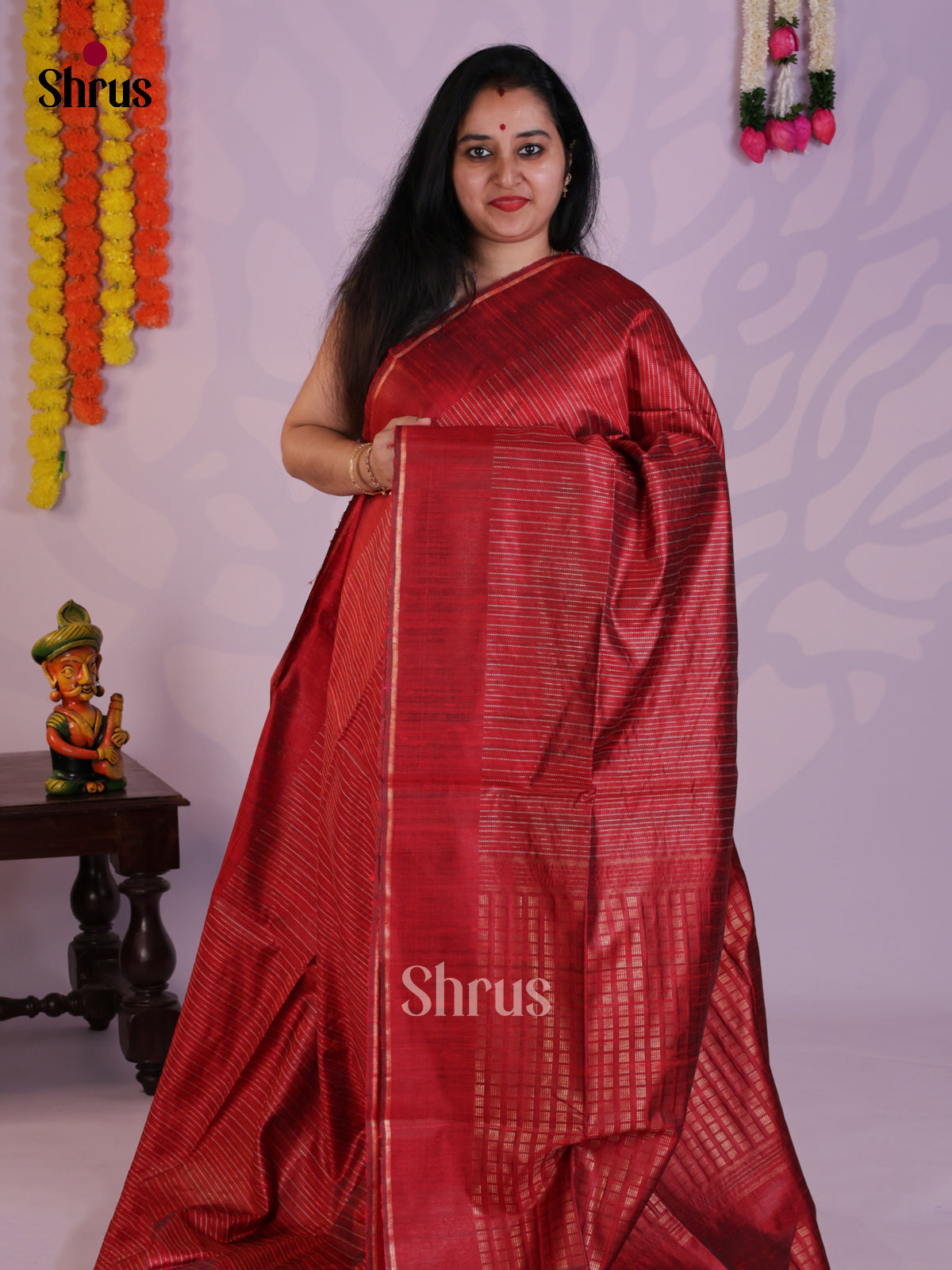 Lustrous Red Raw Silk Saree with zari stripes & brocade pallu -DLS30054 - Shop on Shrus.com