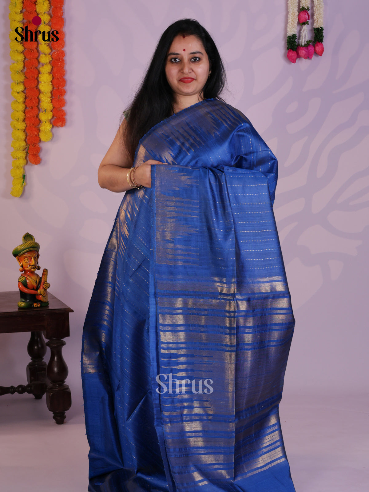Elegant Blue single tone Raw Silk Saree with temple zari border - DLS30057 - Shop on Shrus.com