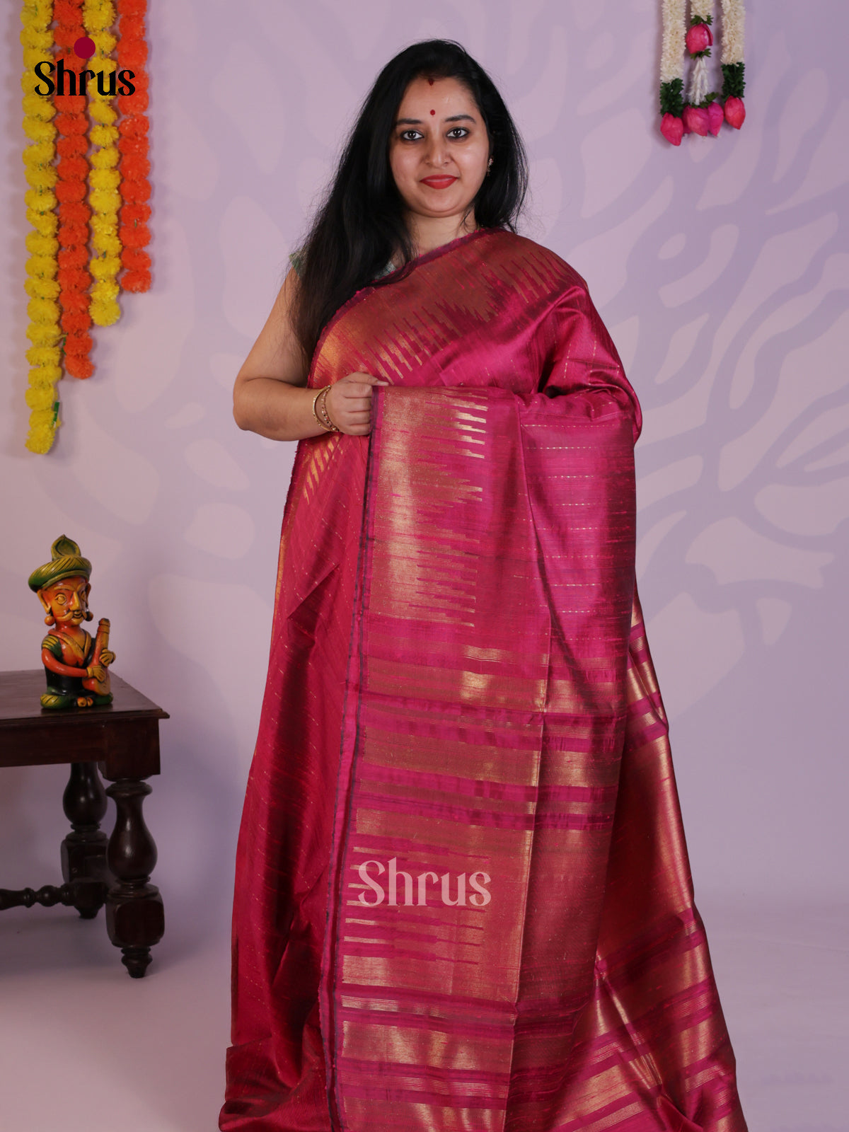 Pretty Maroon single tone Raw Silk Saree with temple zari border - DLS30058 - Shop on Shrus.com