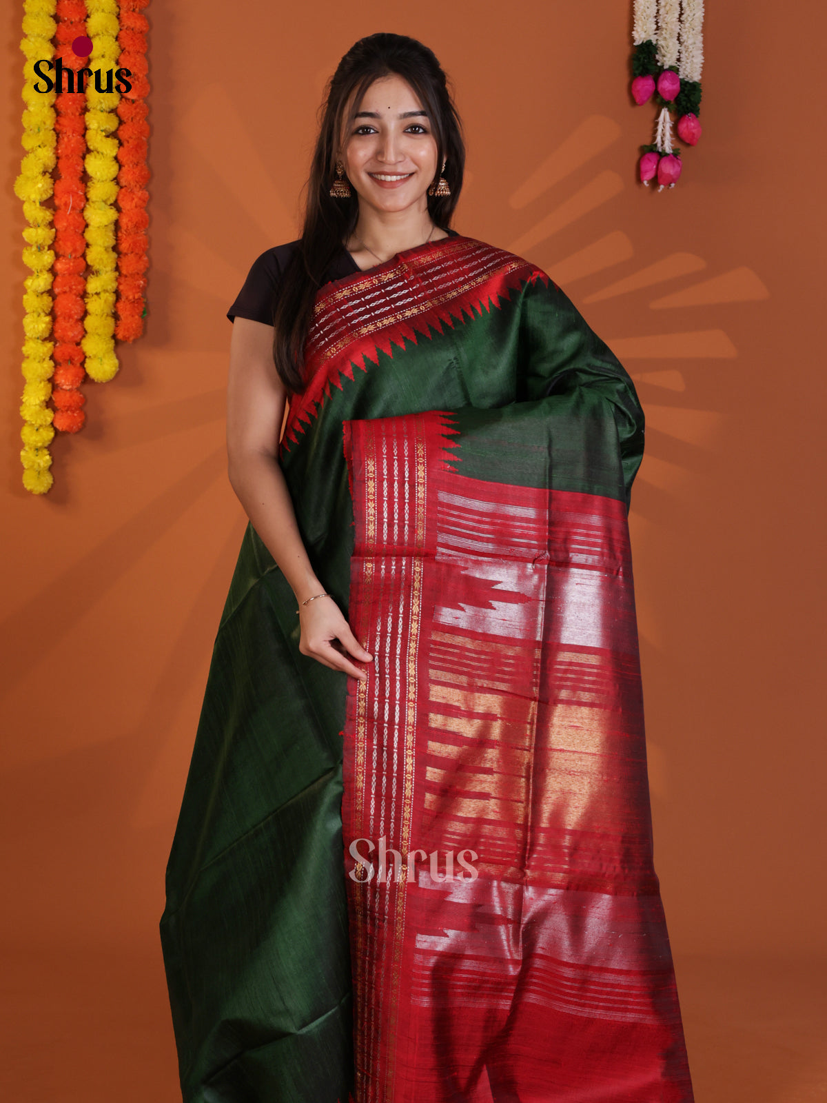 Classy Green & Red Raw Silk Saree with contrast zari border -DLS30063