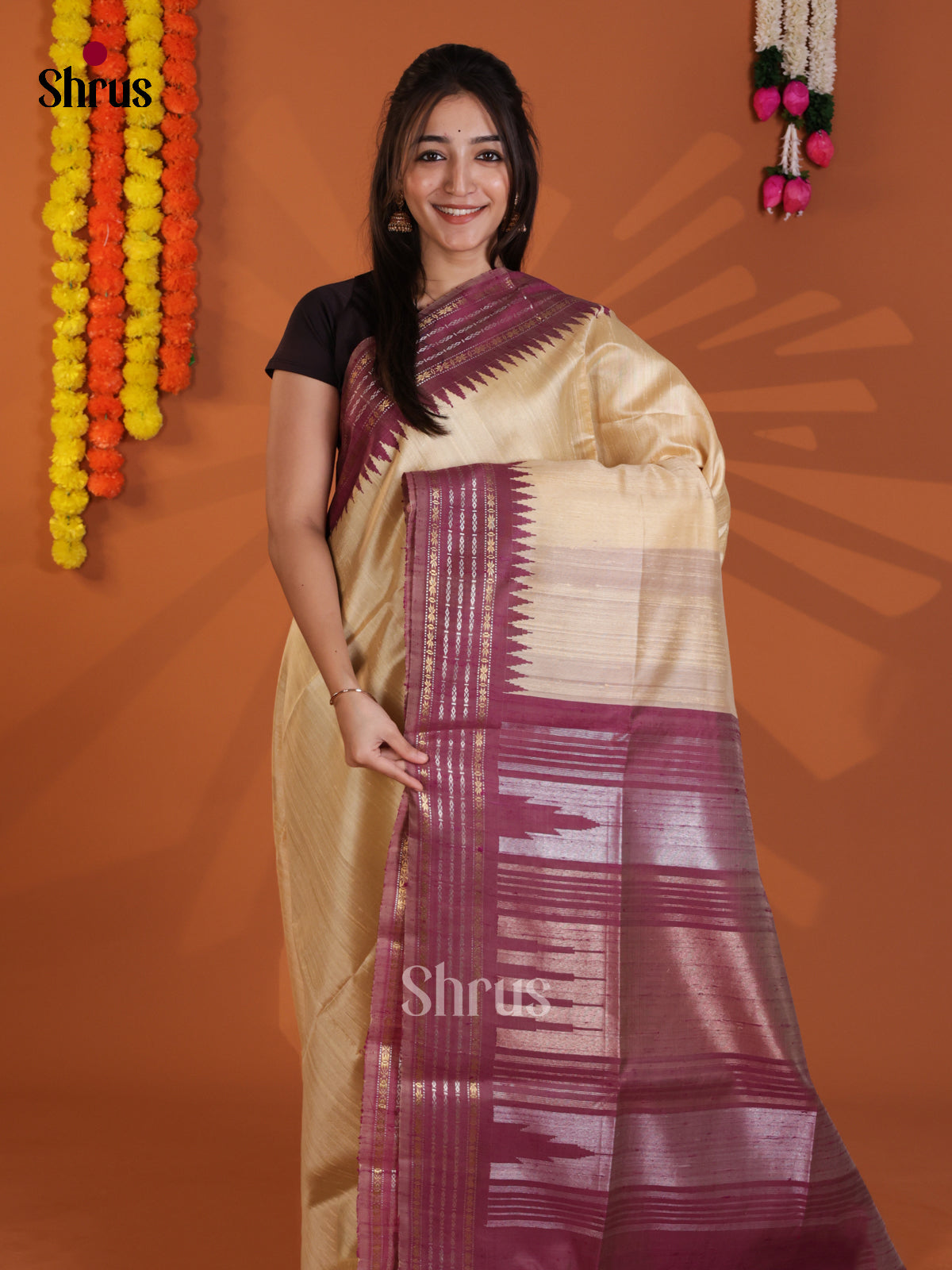 Charming Cream & Maroon Raw Silk Saree with zari border - DLS30064
