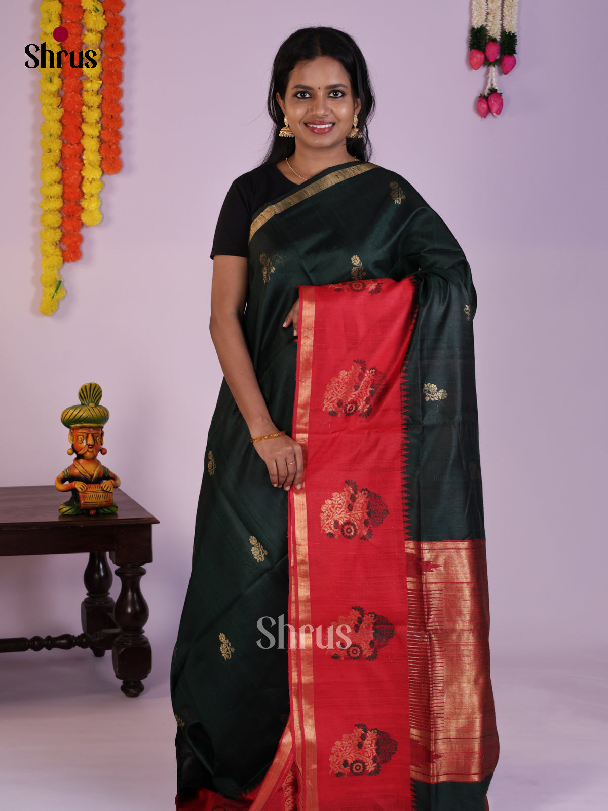 Classy Green & red Raw Silk Saree with zari floral buttas & Border - DLS30067