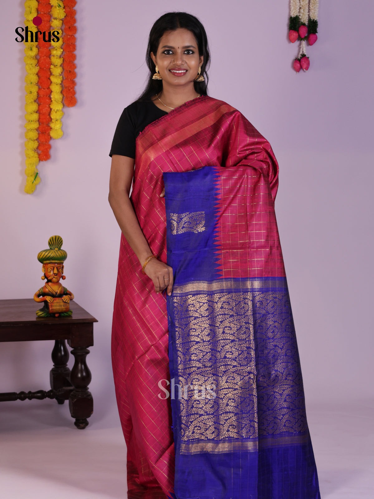 Charming Pink & Blue Raw Silk Saree with zari checks - DLS30073