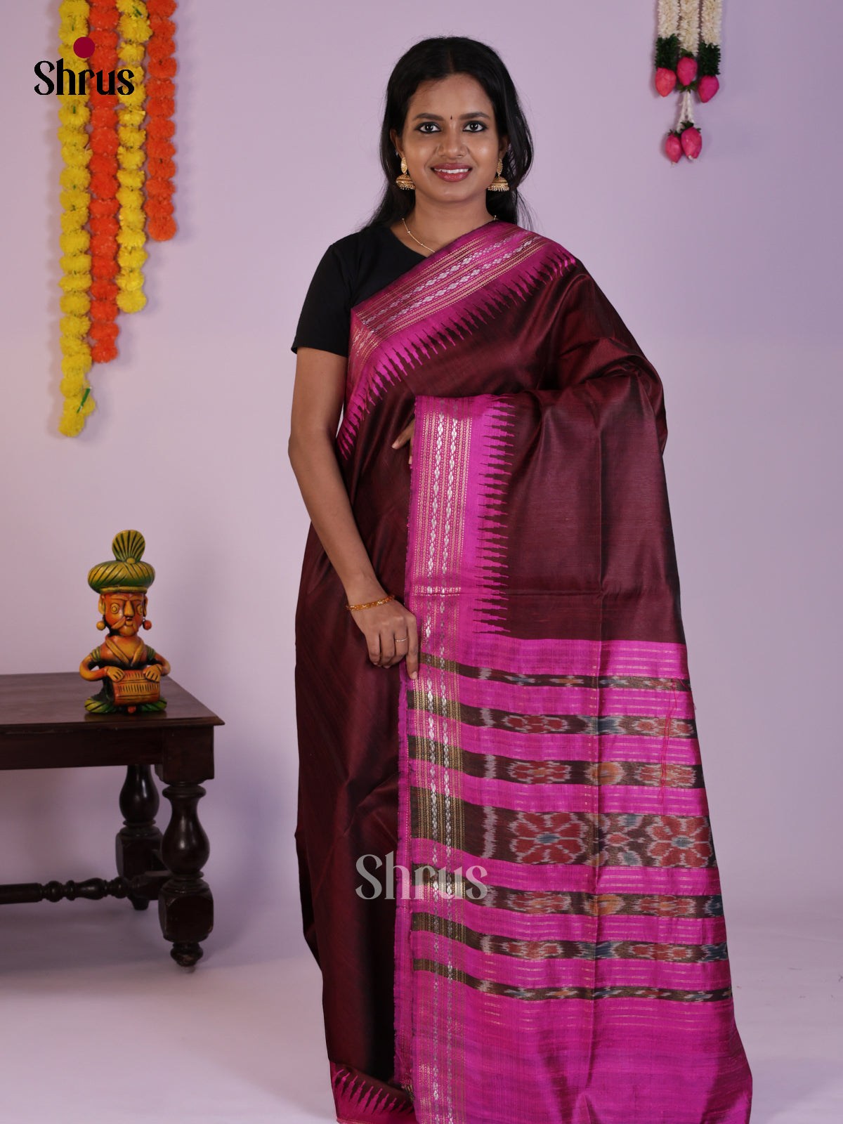 Classy Maroon & Pink Raw Silk Saree with temple border - DLS30082