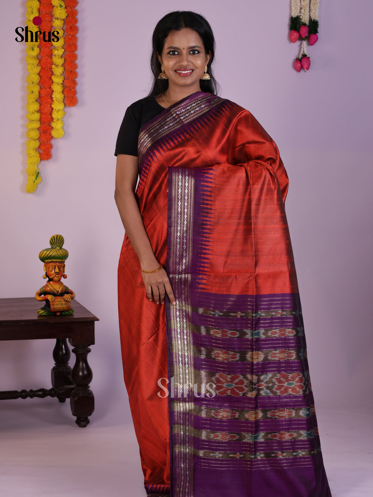 Beautiful red & Violet Raw Silk Saree with temple zari border - DLS30084 - Shop on Shrus.com