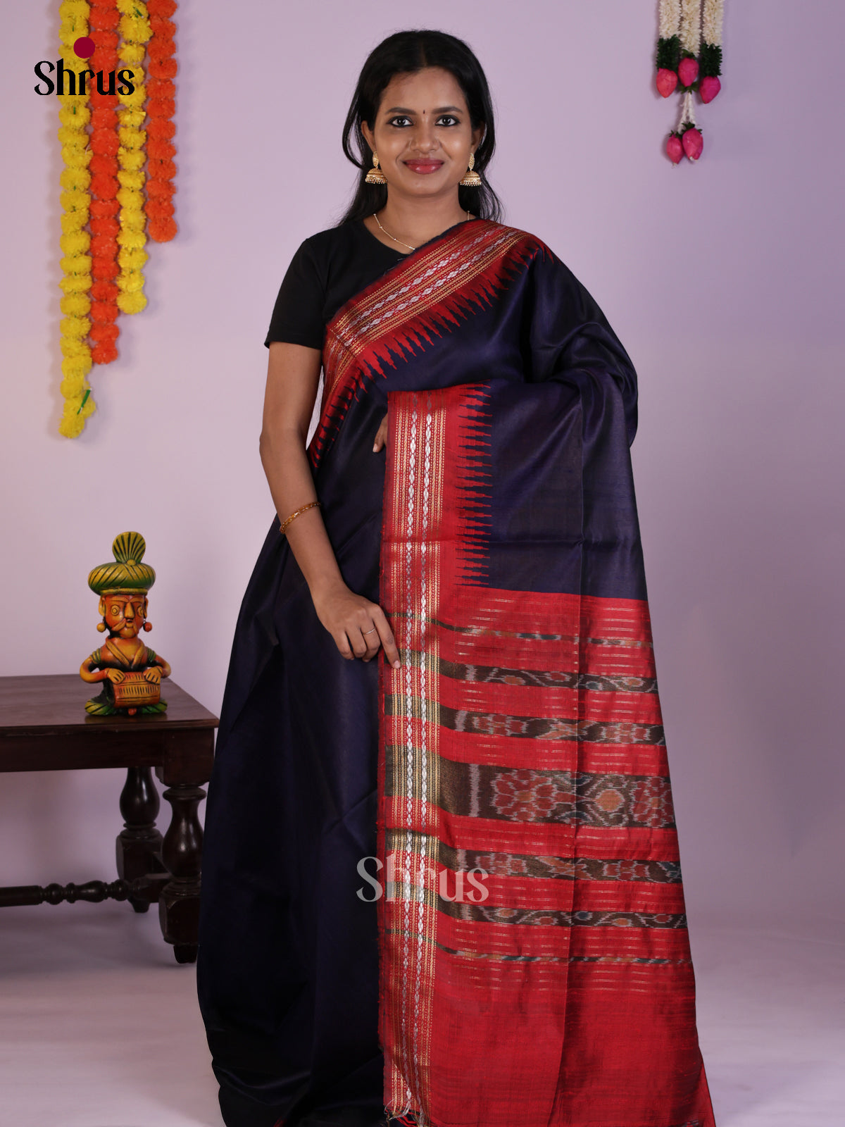 Vibrant Blue & red Raw Silk Saree with temple border - DLS30085