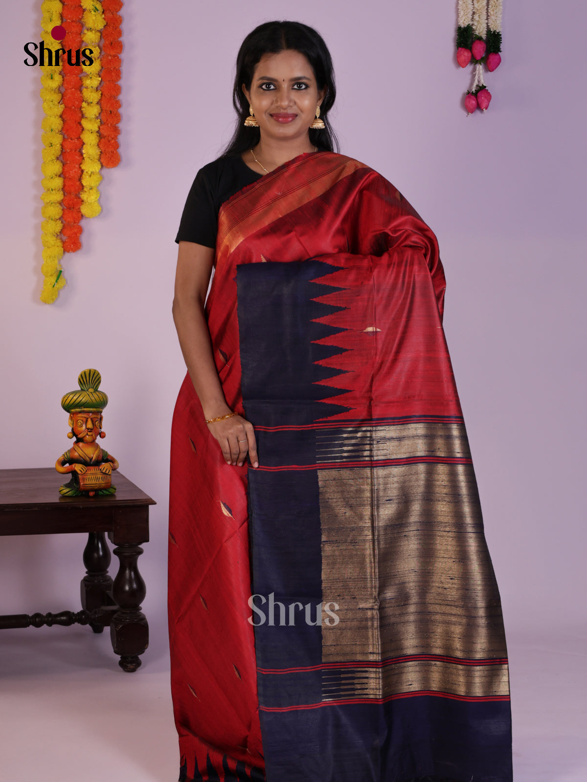 Bright Red & Blue Raw Silk Saree with temple border -DLS30087
