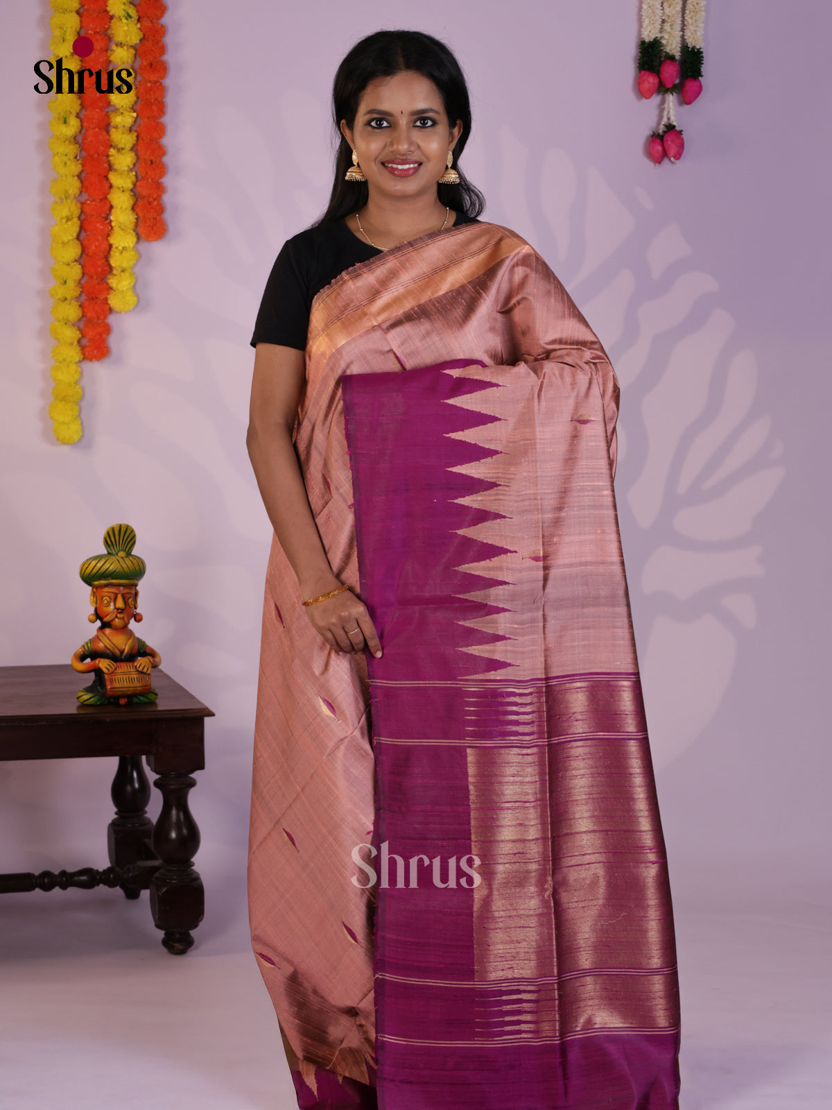 Lustrous Onion Pink & Purple Raw Silk Saree with temple border -DLS30088