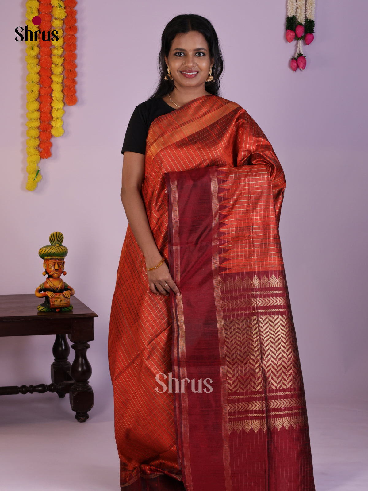 Radiant Rust Orange Raw Silk Saree with zari checks - DLS30108