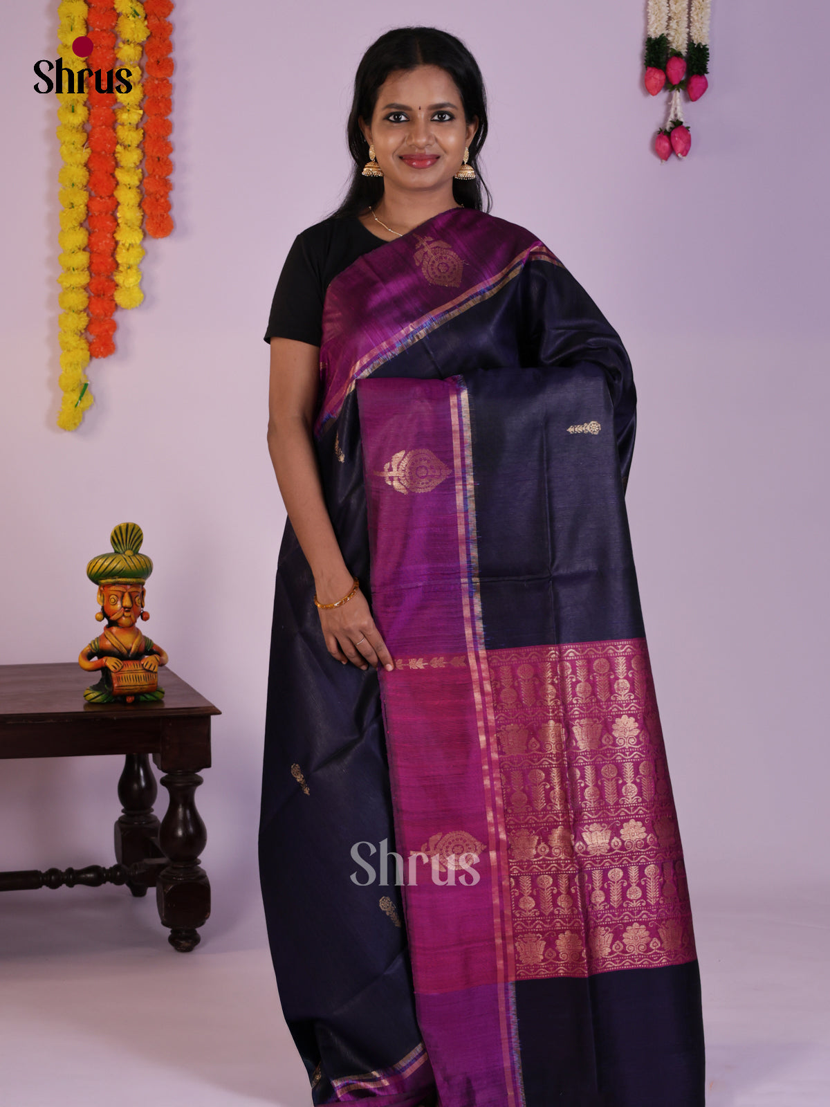 Elegant Blue & Purple Raw Silk Saree with zari buttas - DLS30111