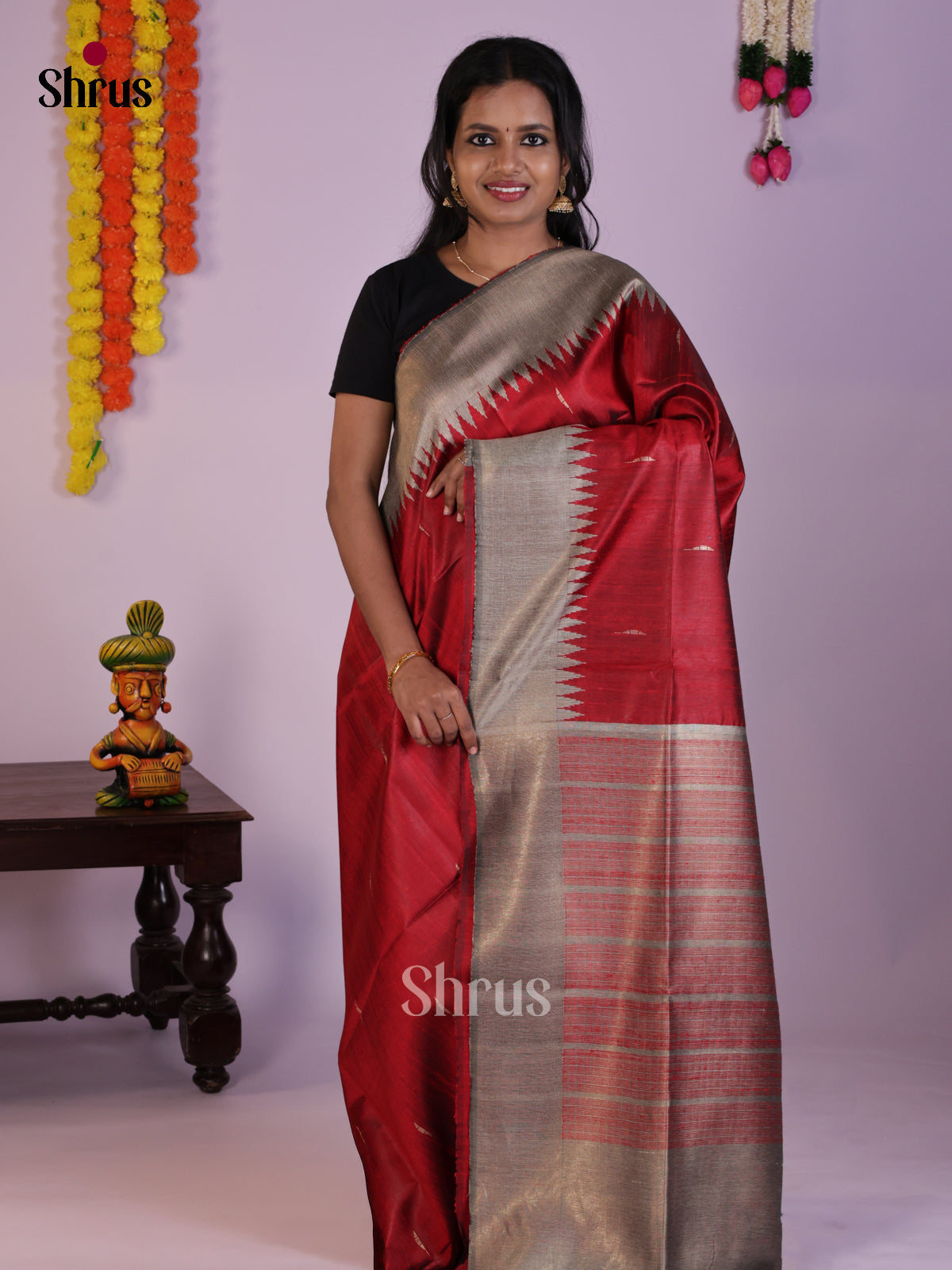 Pretty Red & Grey Raw Silk Saree with zari buttas - DLS30122 - Shop on Shrus.com