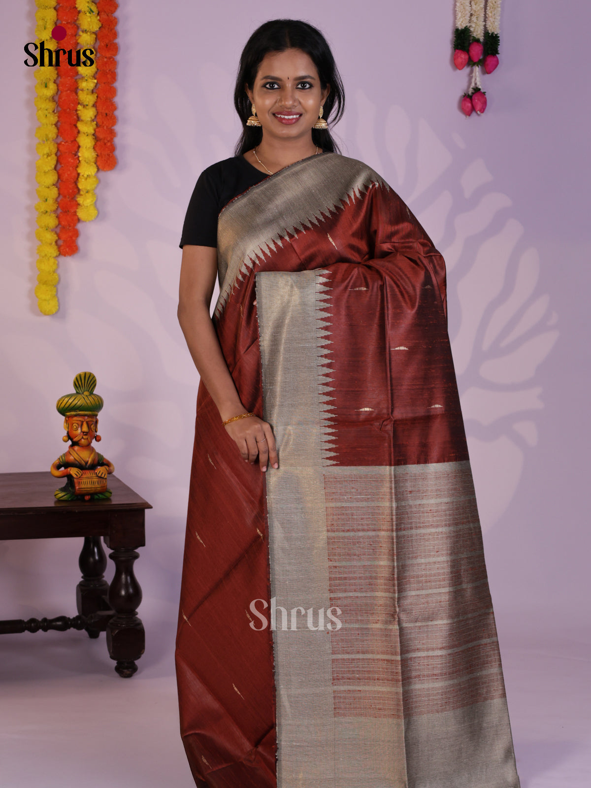 Classy Maroon & Grey Raw Silk Saree with zari buttas- DLS30123