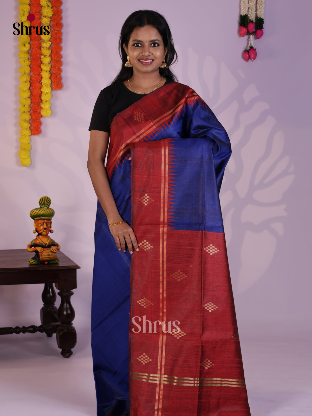 Vibrant Blue & Red Raw Silk Saree with contrast zari butta border - DLS30135
