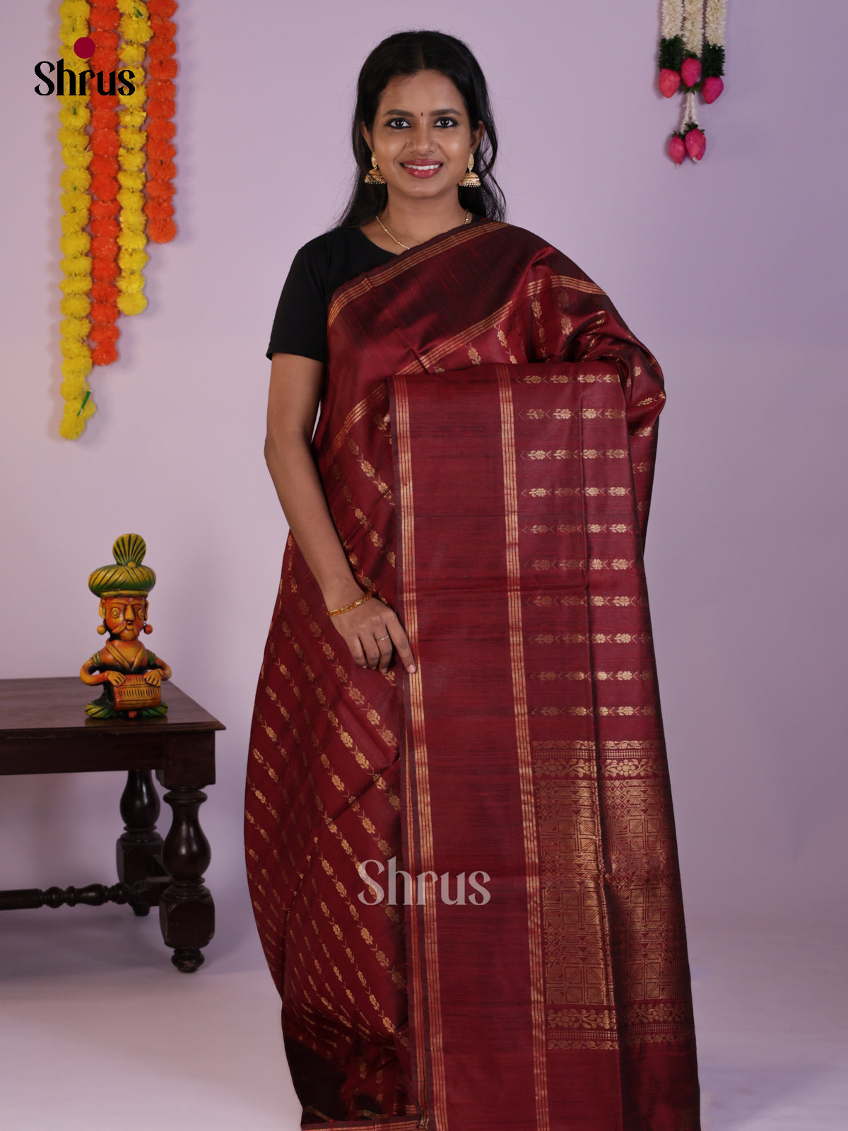 Classic Maroon Raw Silk Saree with zari buttas - DLS30138