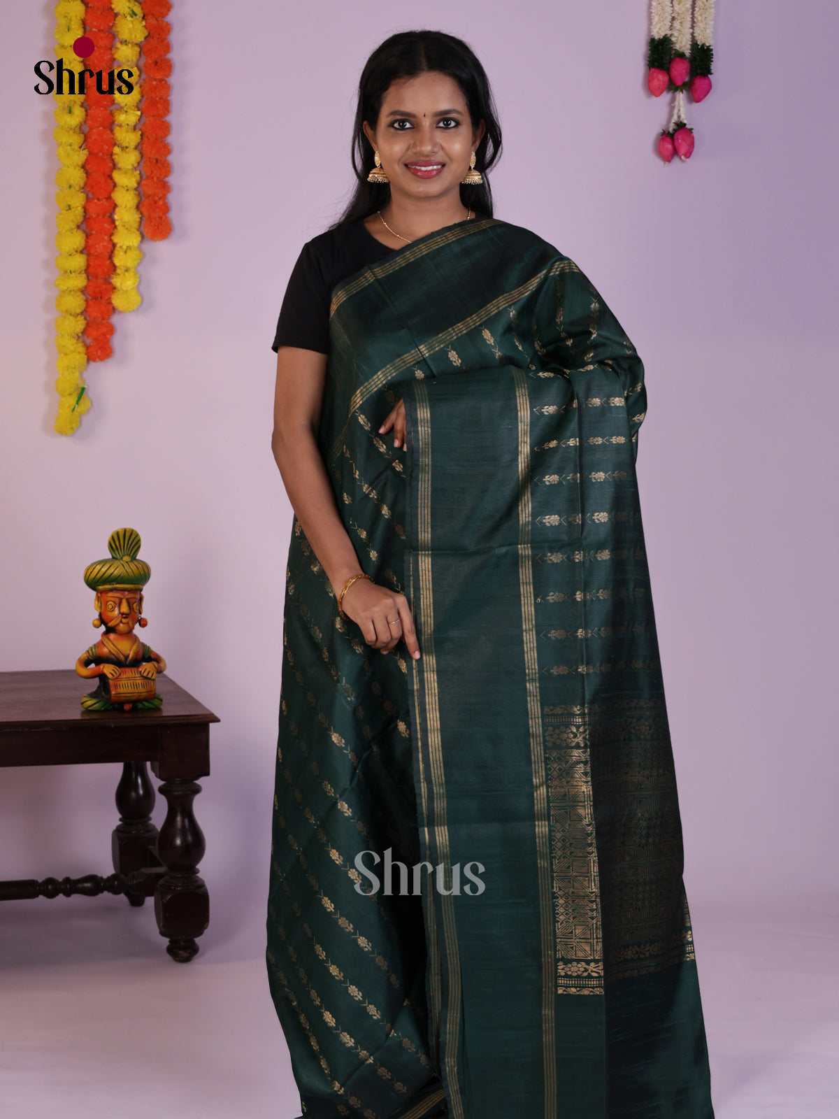 Classy Peacock Green single tone Raw Silk Saree with zari buttas & Brocade pallu - DLS30140