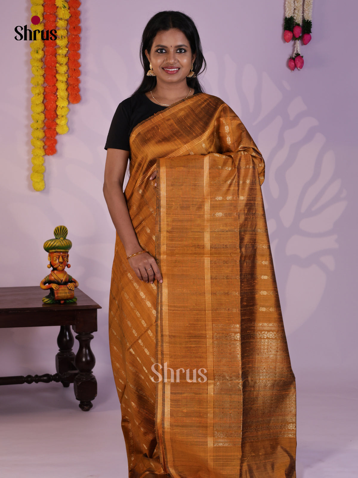 Lustrous Mustard Raw Silk Saree with zari buttas & brocade pallu - DLS30141