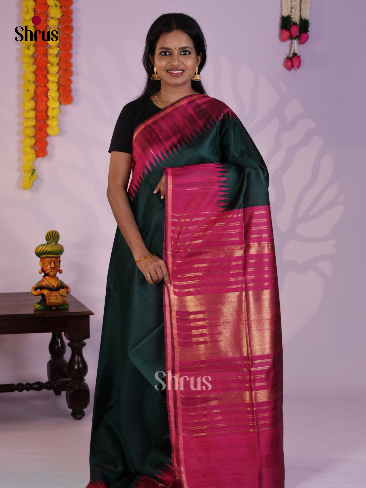 Classy Green & Pink Raw Silk Saree with temple border -DLS30150