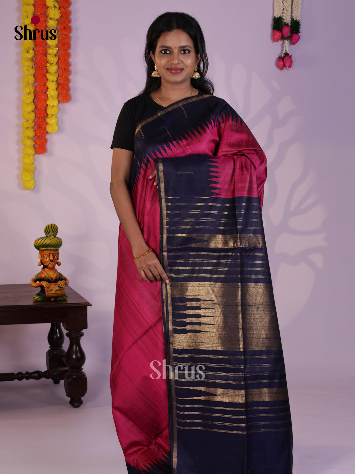 Regal Majenta & Navy Blue Raw Silk Saree with temple border -DLS30151