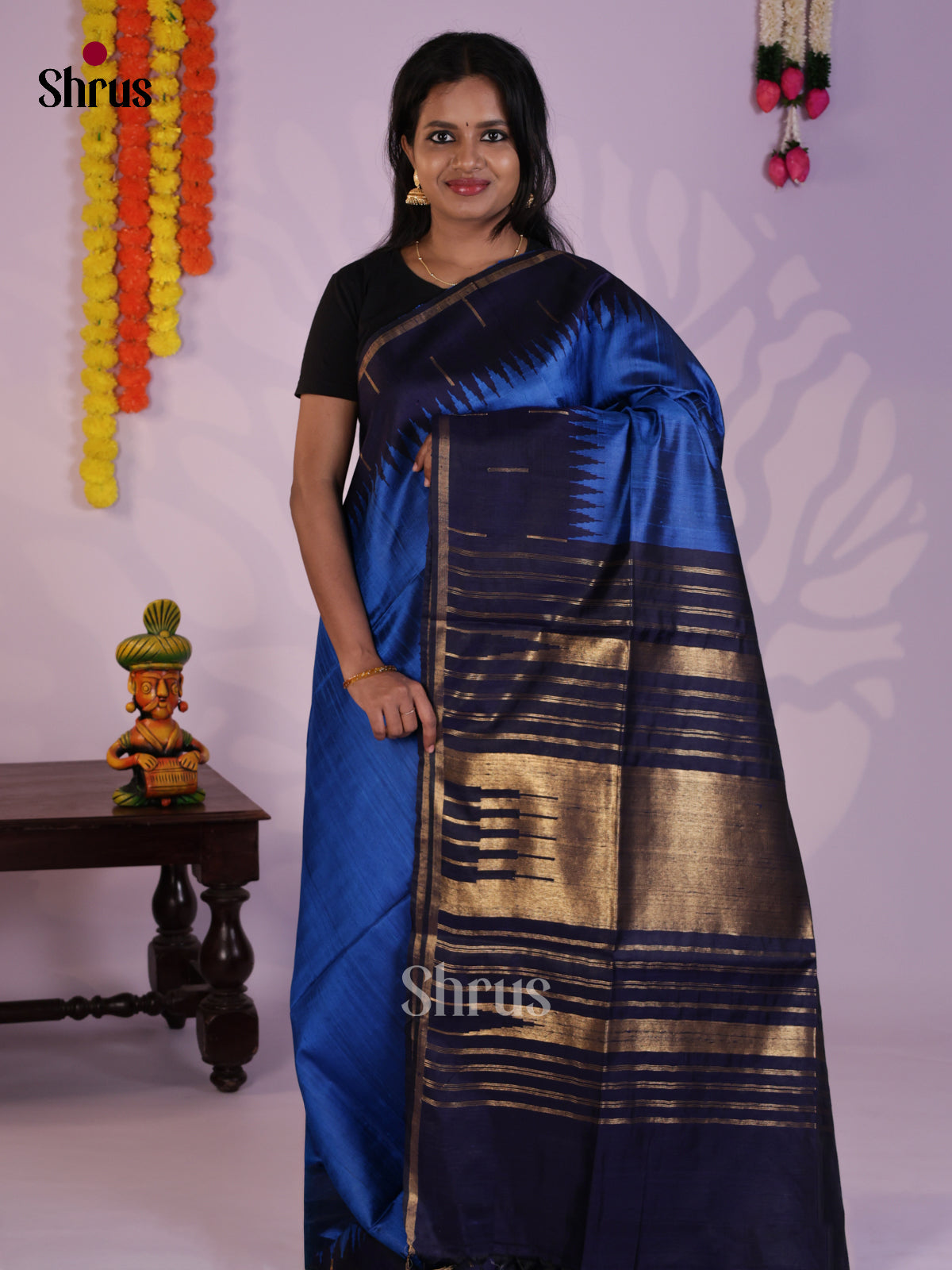 Vibrant Blue & Navy Blue Raw Silk Saree with contrast temple border - DLS30152