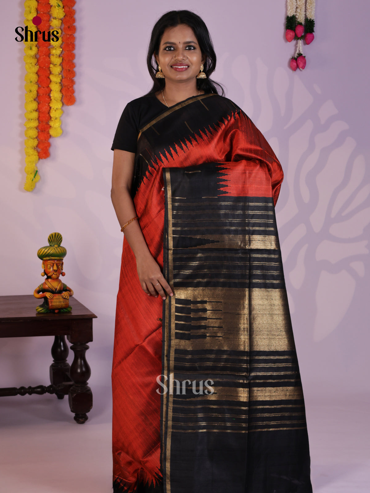 Majestic Red & Black Raw Silk Saree with temple border - DLS30154