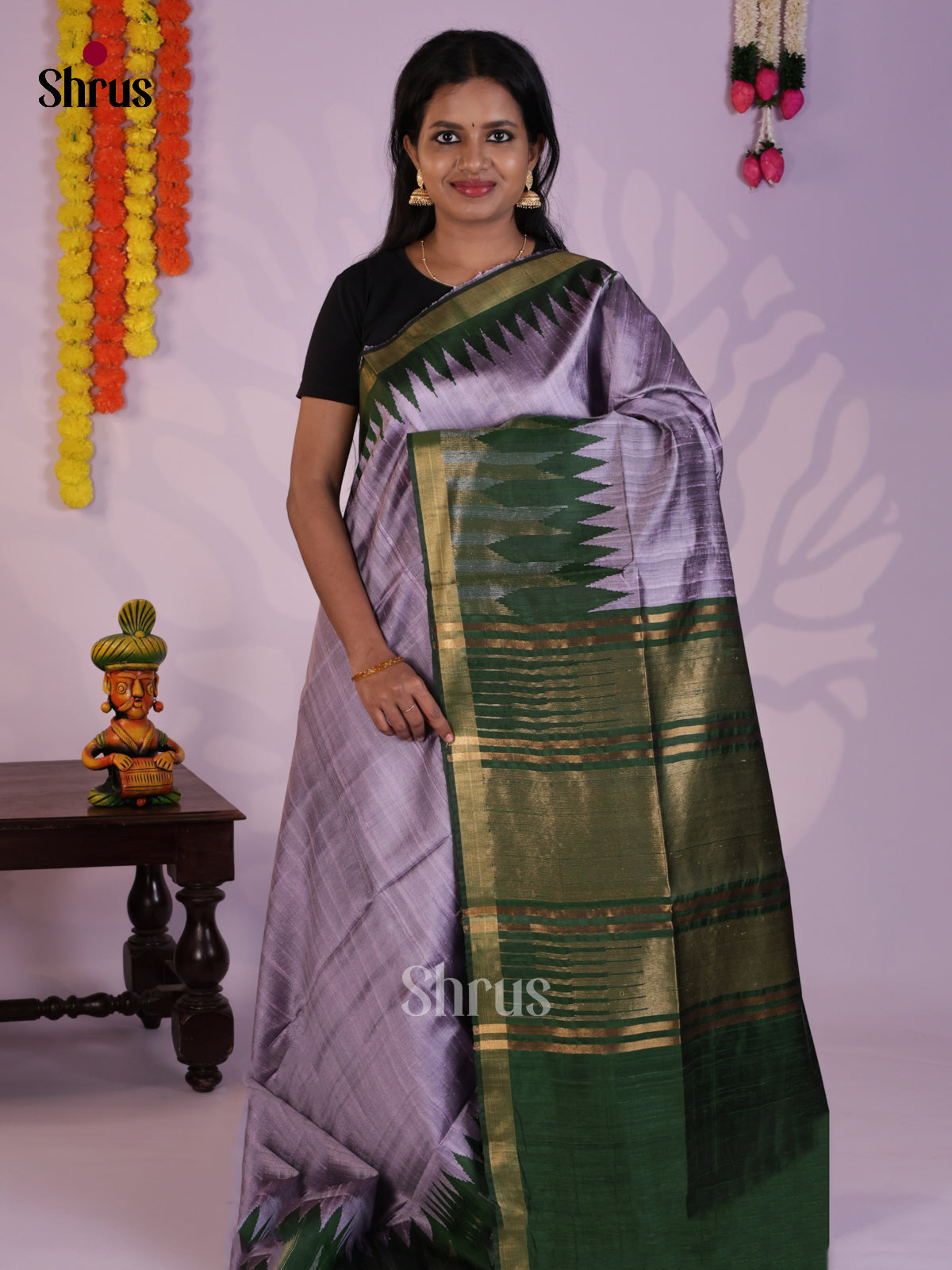 Charming Lavender & Green Raw Silk Saree with contrast temple zari border- DLS30162