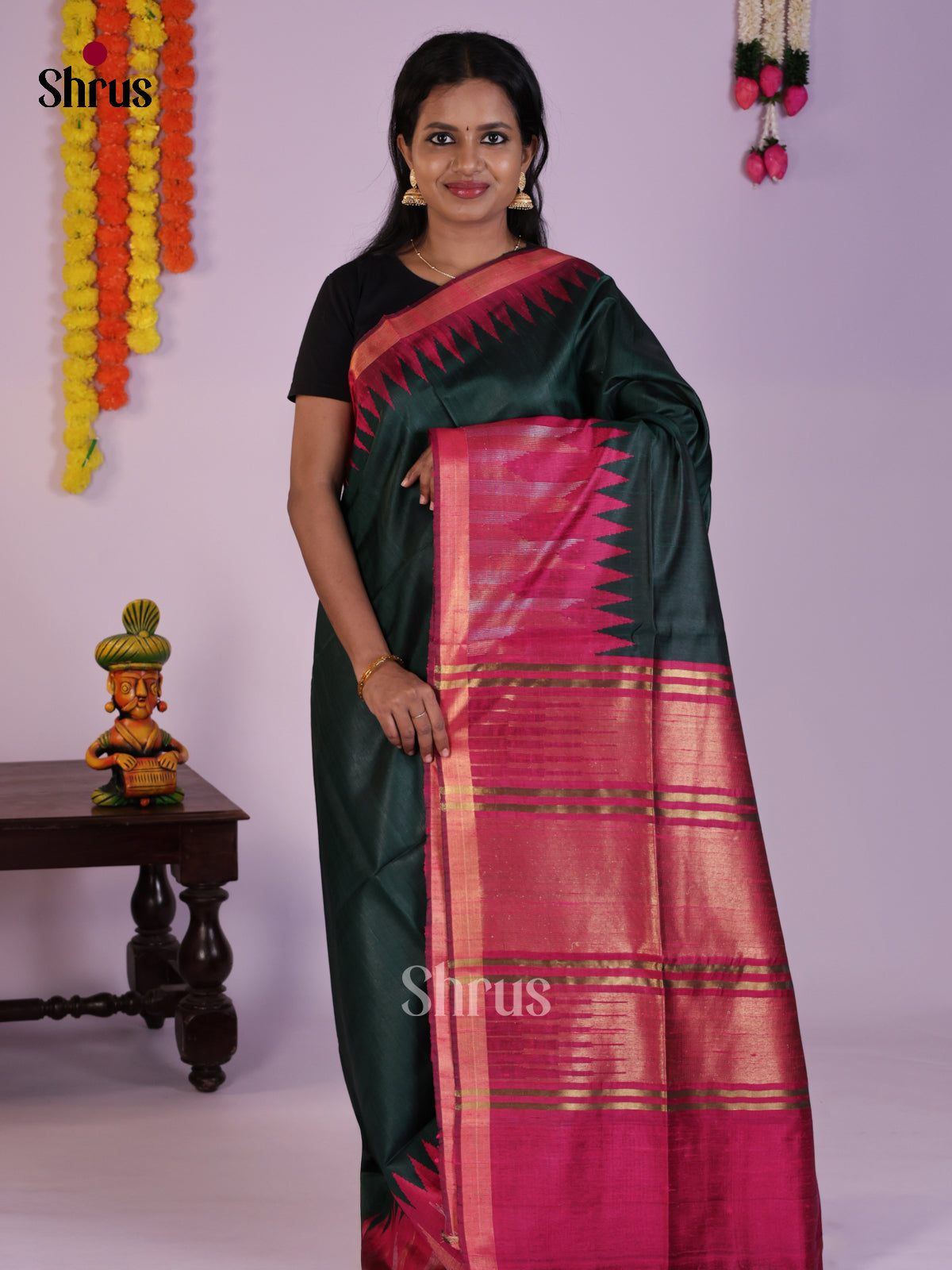 Classy Green & Pink Raw Silk Saree with temple zari border -DLS30164