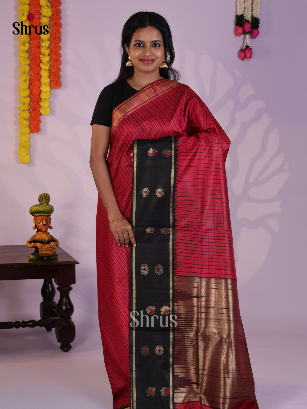 Pretty Red & Black Raw Silk Saree with checkered pattern & zari pallu - DLS30172